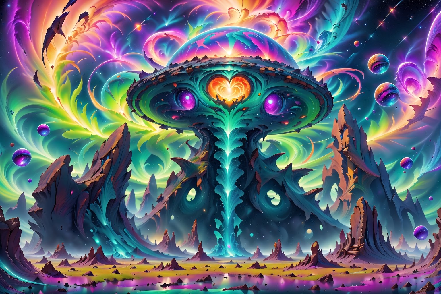 A cosmic landscape scene of an alien gooy ooze color slime goop melty dripping color world with vivid rich colors and anci...