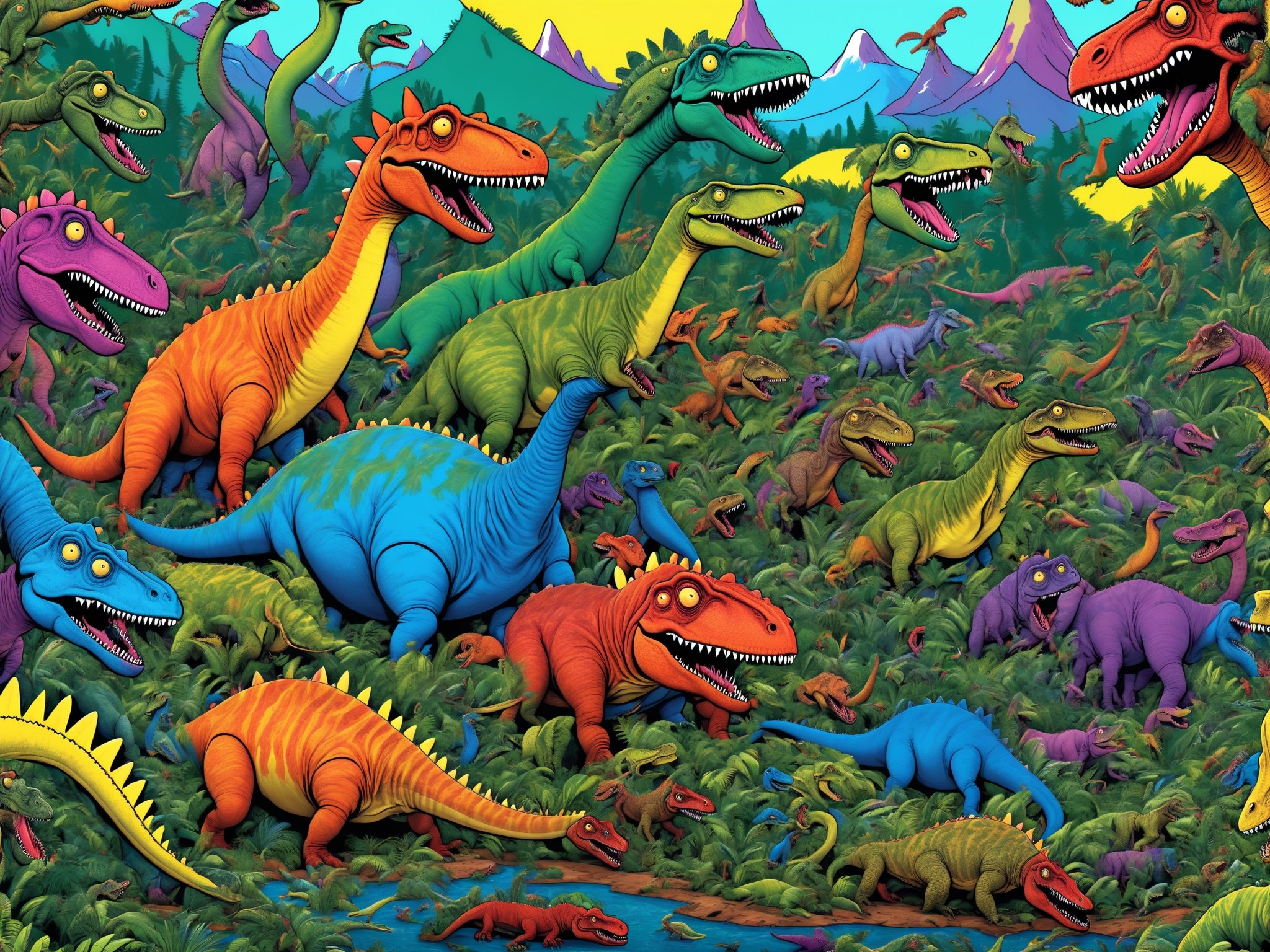 Dinosaurs, insane crazy whimsical wacky comical crazy cartoon Dinosaur debauchery, jam packed jurassic fantastic classic, comic cartoon psychedelic silly wonder, intricate, ultra-detailed, best quality, CartooNuclear Meltdown style, ,alien