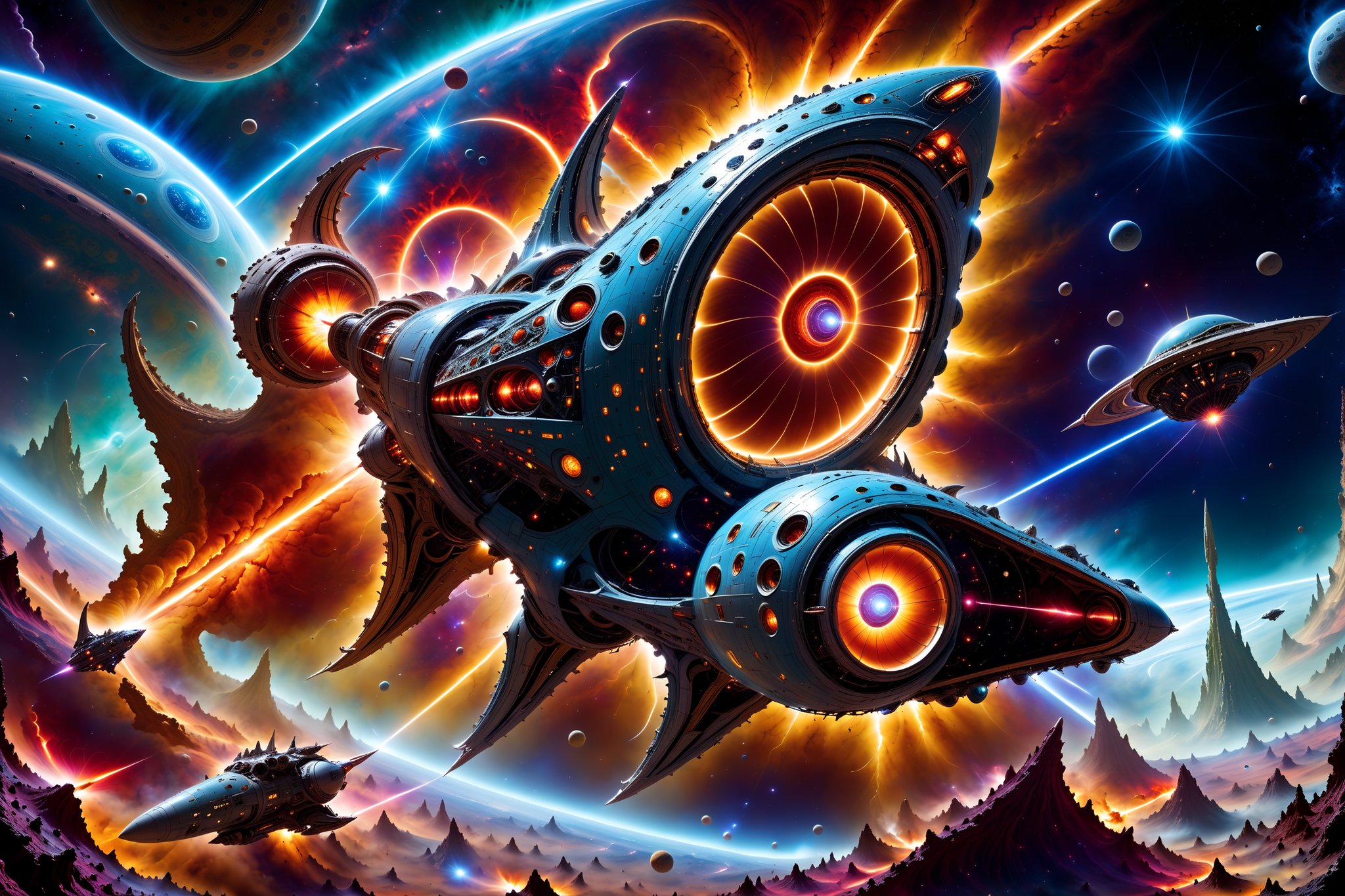 Epic space starship battle scene huge galactic space battle in orbit above a crazy cool planet, super detailed vividly intricately designed with complexity and attention to detail with hyoer rich colors fantastical and legendary 