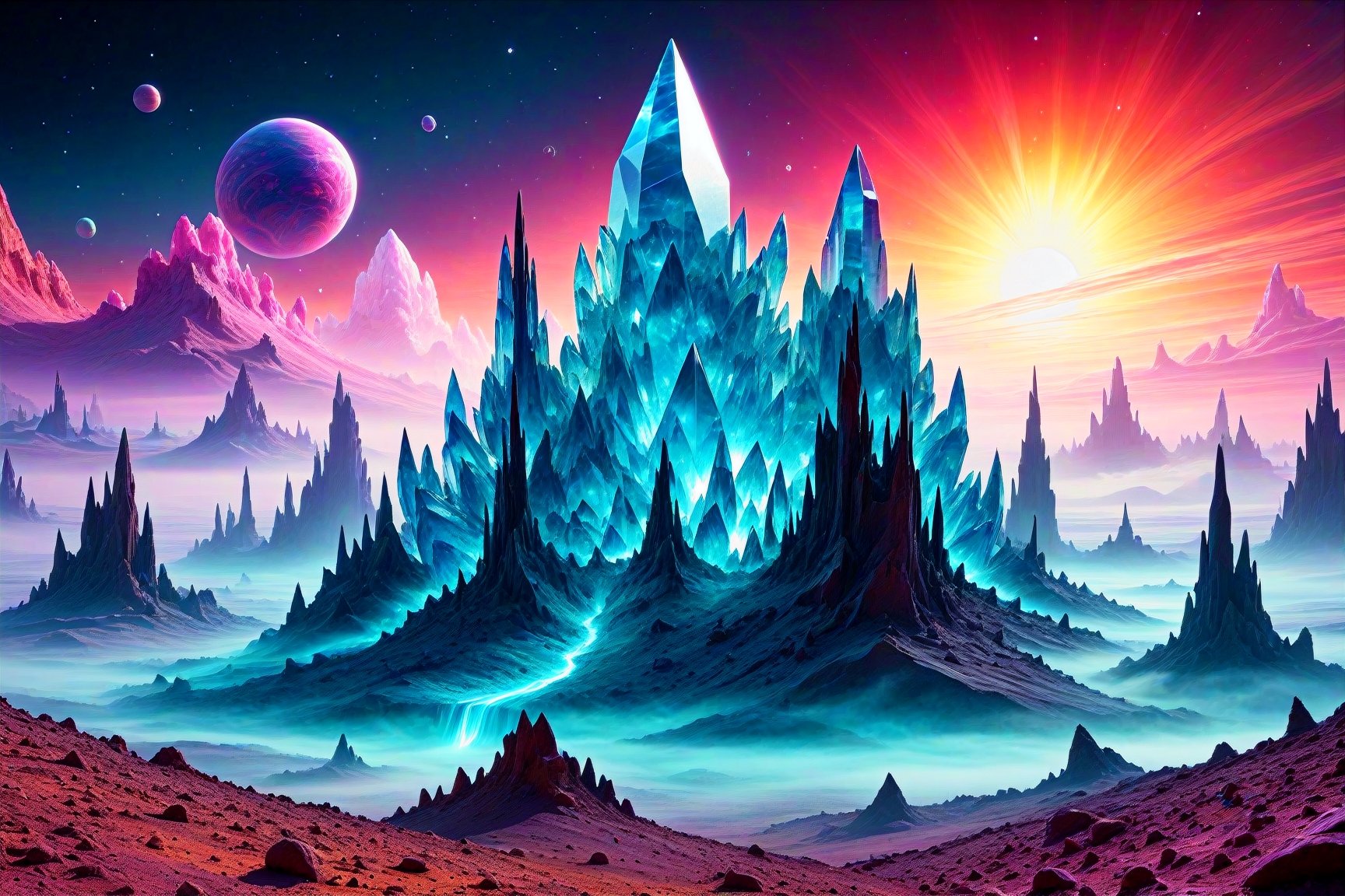 A cosmic landscape scene of an alien crystal glass crystal meth world psychedelic meth shard colorscape,  crystalline glas...