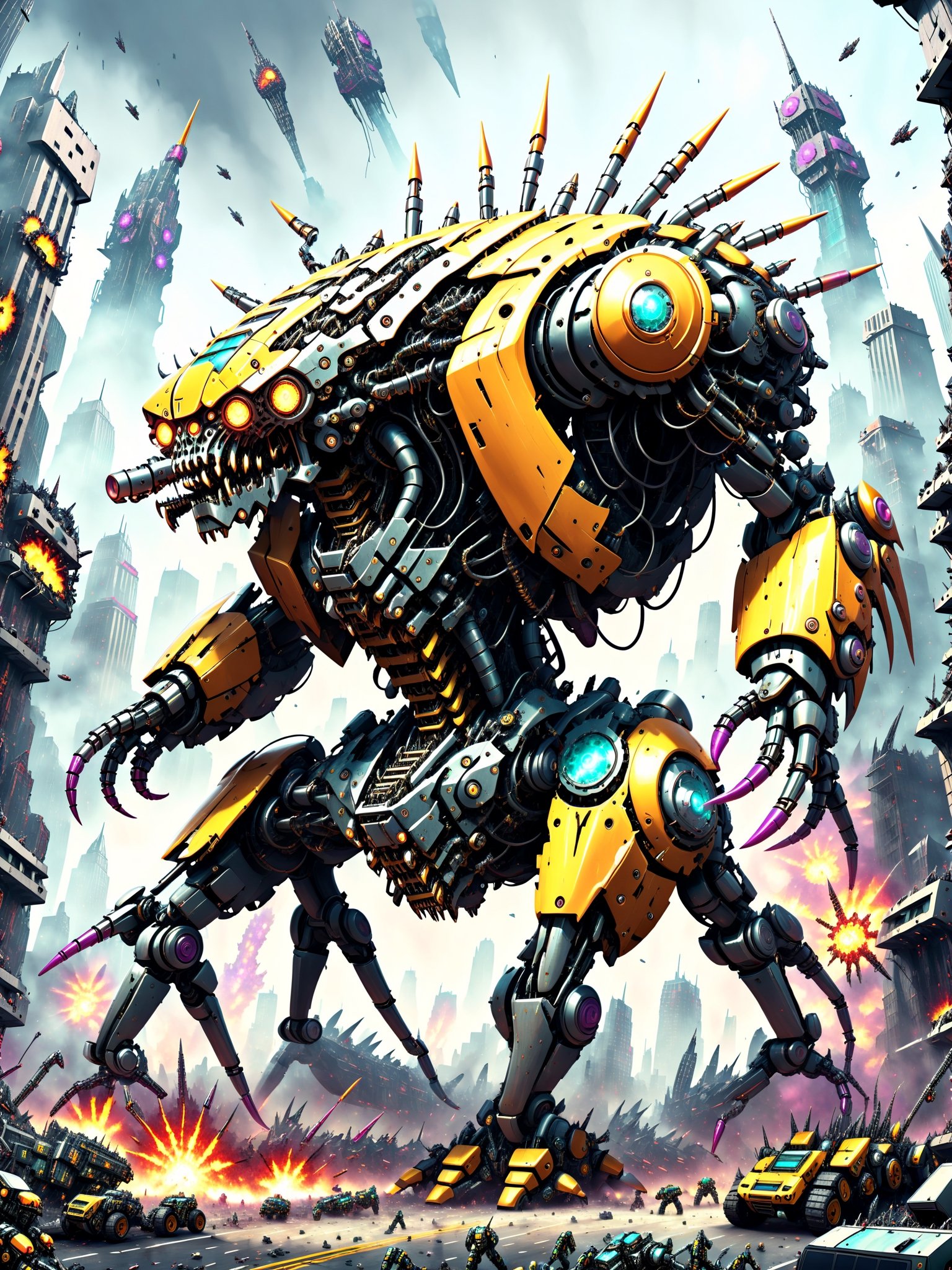 A massive looming gigantic killer robot, rampaging through a crowded city, smashing buildings, people fleeing in terror,  ultra intricate mechanical parts wires gears intricate inner workings, psychedelic to the max, best quality, CartooNuclear Meltdown style