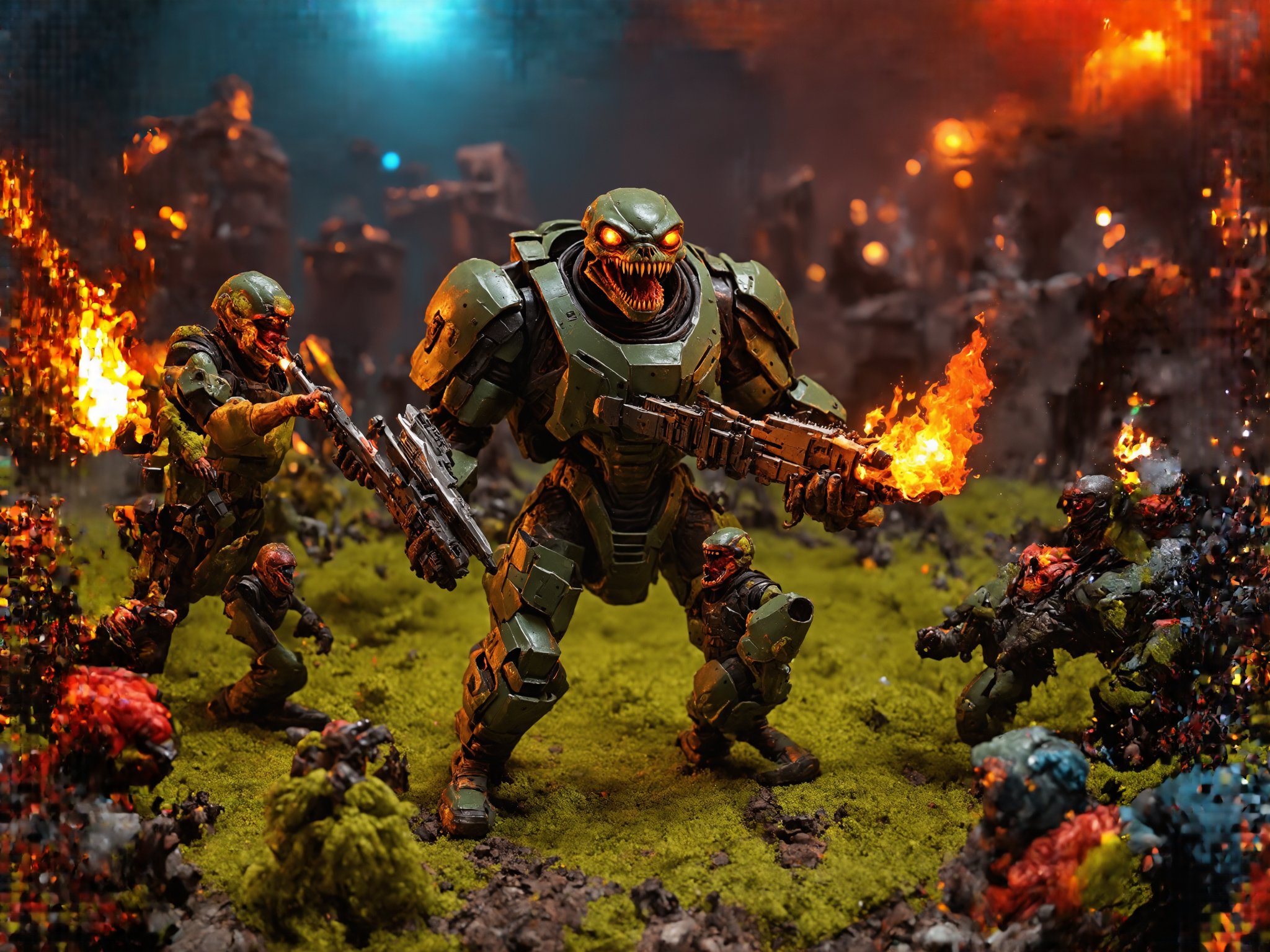 an intense epic mid battle in combat scene of a small squad of exosuit wearing futuristic human soldiers with advanced weaponry and heavy suits of space armor similar to space marine, fighting back against a giant hoarde of invading alien creatures, and attacking mutated monsters, maddening cosmic creature horrors, terrifying trippy extraterrestrial abominations, vile deformed ooze monsters, blobs of poisonous slime, giant sharo fanged multi eyed beasts, all manner of evil demented twisted otherworldy creature is overrunning the last defense outpost and this small squad of super soldier marine troopers is holding the line with their flamethrowers and miniguns and laser weapons and chainsaw swords and such, it is a vivid intense epic cinematic wartorn masterpiece of stop motion claymation animation action figurine type diorama display aesthetic look grandiose and vast crowded complex composition, Claymutation