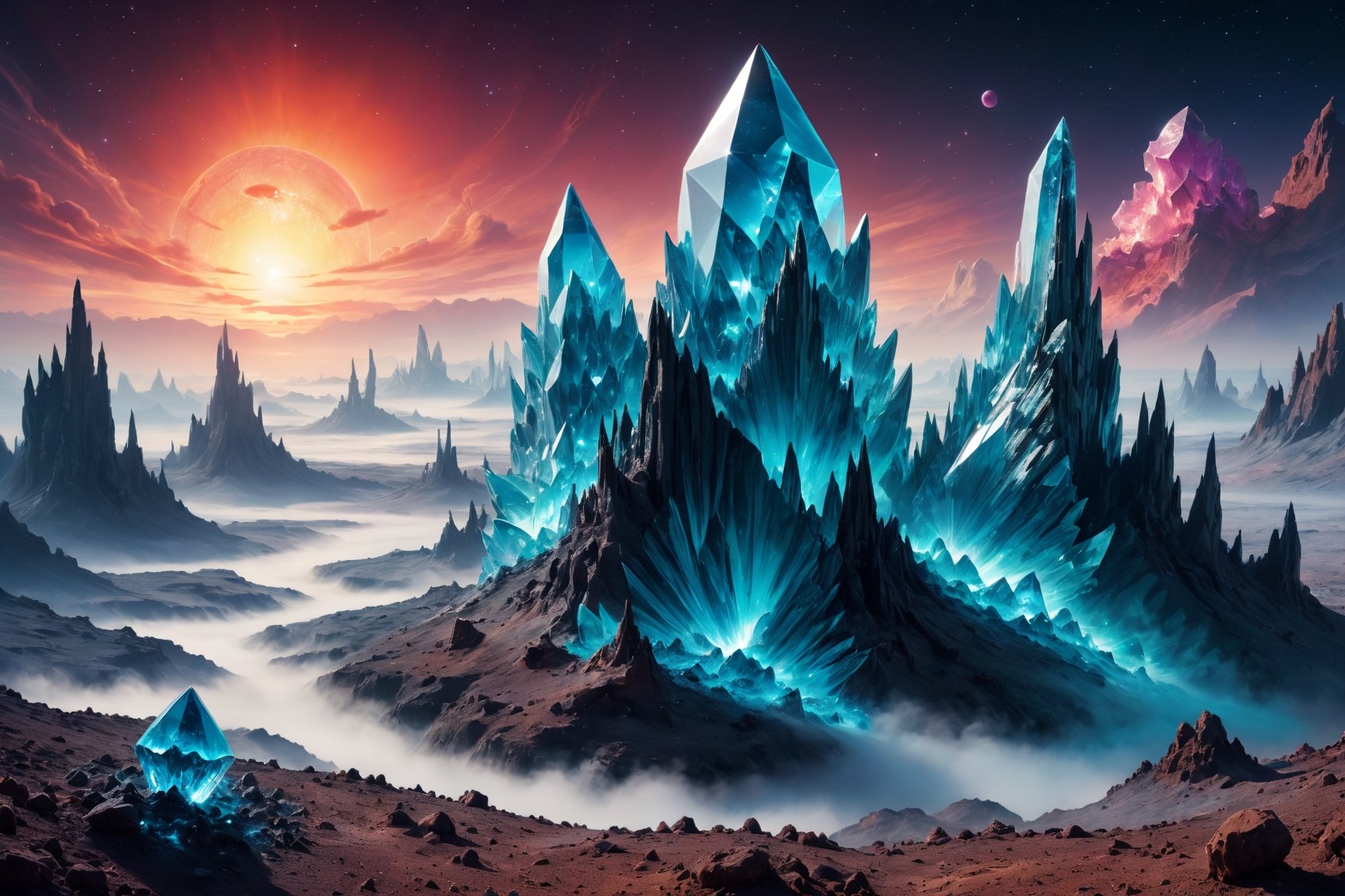 A cosmic landscape scene of an alien crystal glass crystal meth world psychedelic meth shard colorscape,  crystalline glas...