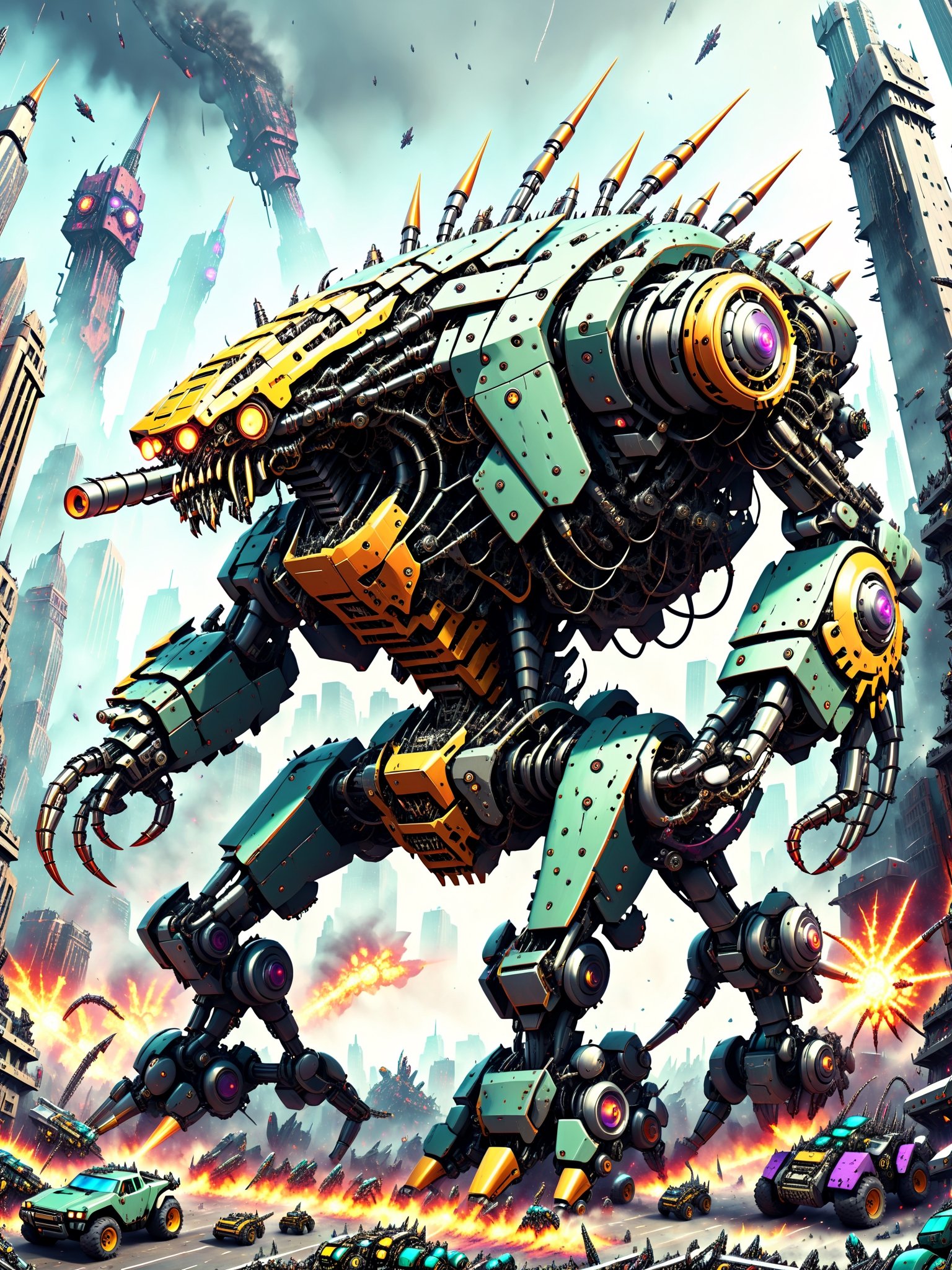 A massive looming gigantic killer robot, rampaging through a crowded city, smashing buildings, people fleeing in terror,  ultra intricate mechanical parts wires gears intricate inner workings, psychedelic to the max, best quality, CartooNuclear Meltdown style