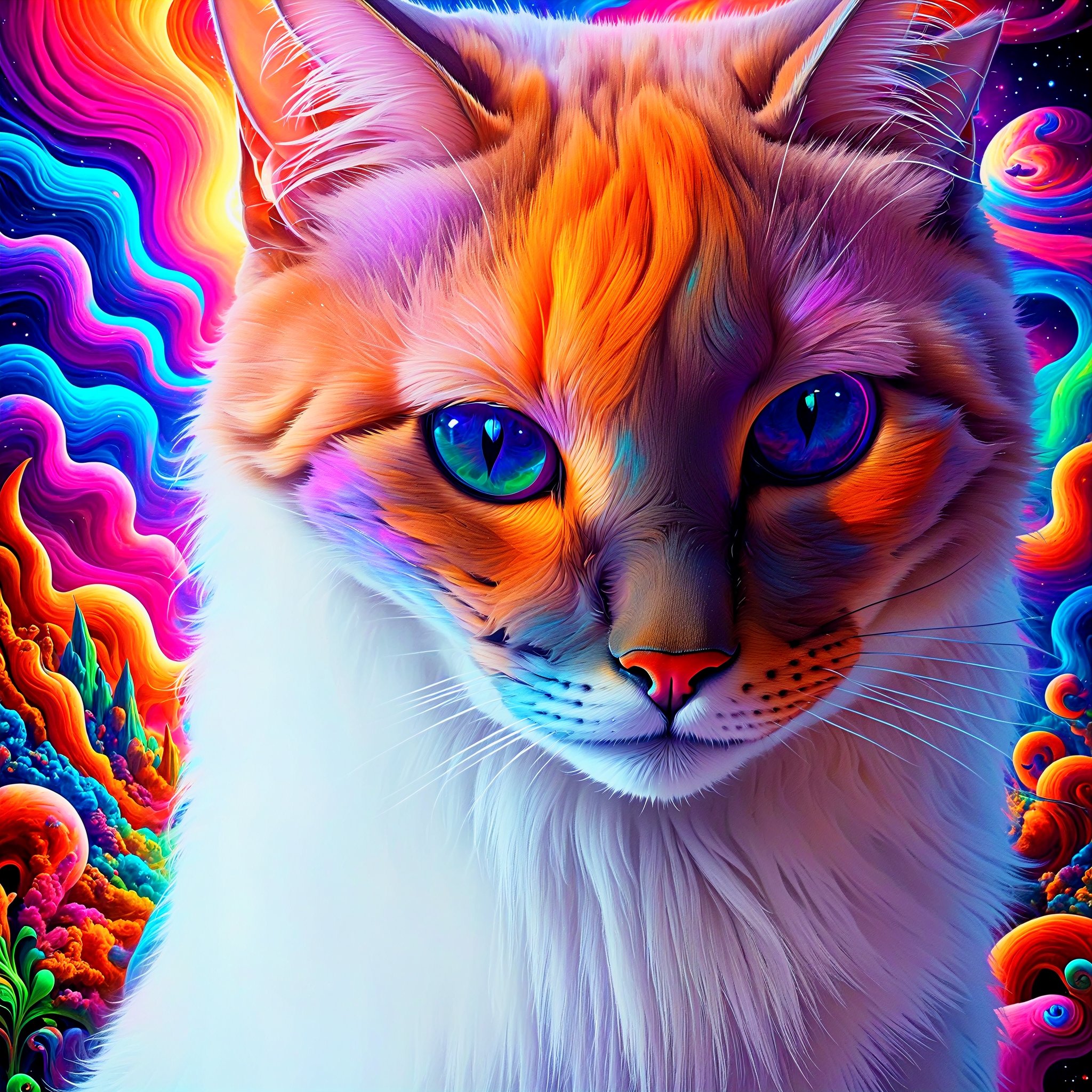 Psychedelic siamese space cat staring intently directly at you, soul piercing gaze, deep in thought, trippy, colorful, crazy colors, cat nip acid trip, lsd dmt mdma 2cb hallucinatory psychedelic visual effects, whimsical, crazy, wacky, awesome, ultra-detailed, absurdres, best quality, vivid colors, vivid blue eyes, psychedelic alien worlds, sprawling cosmic colorscapes