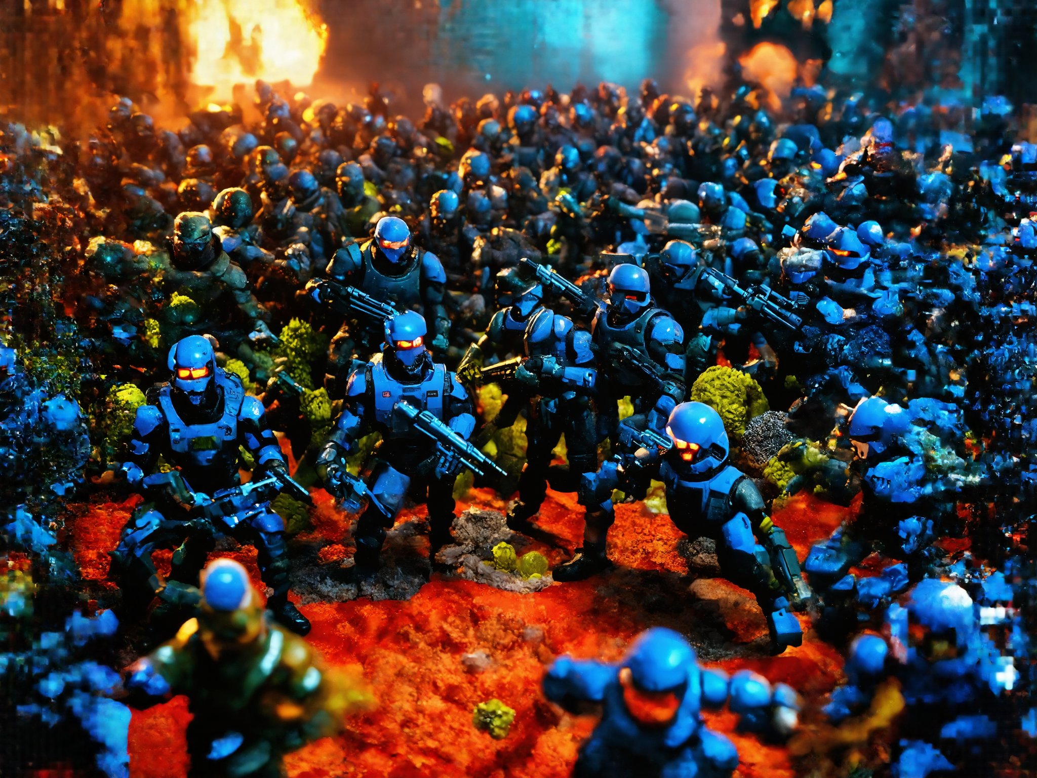 (a group of futuristic human space soldiers) fighting against a onslaught of crazy alien invaders, it is a vivid intense epic cinematic wartorn masterpiece of stop motion claymation animation action figurine type diorama display aesthetic look grandiose and vast crowded complex composition, (the humans and the alien eldritch horror creatrures are seperate do not combine them into one being) Claymutation