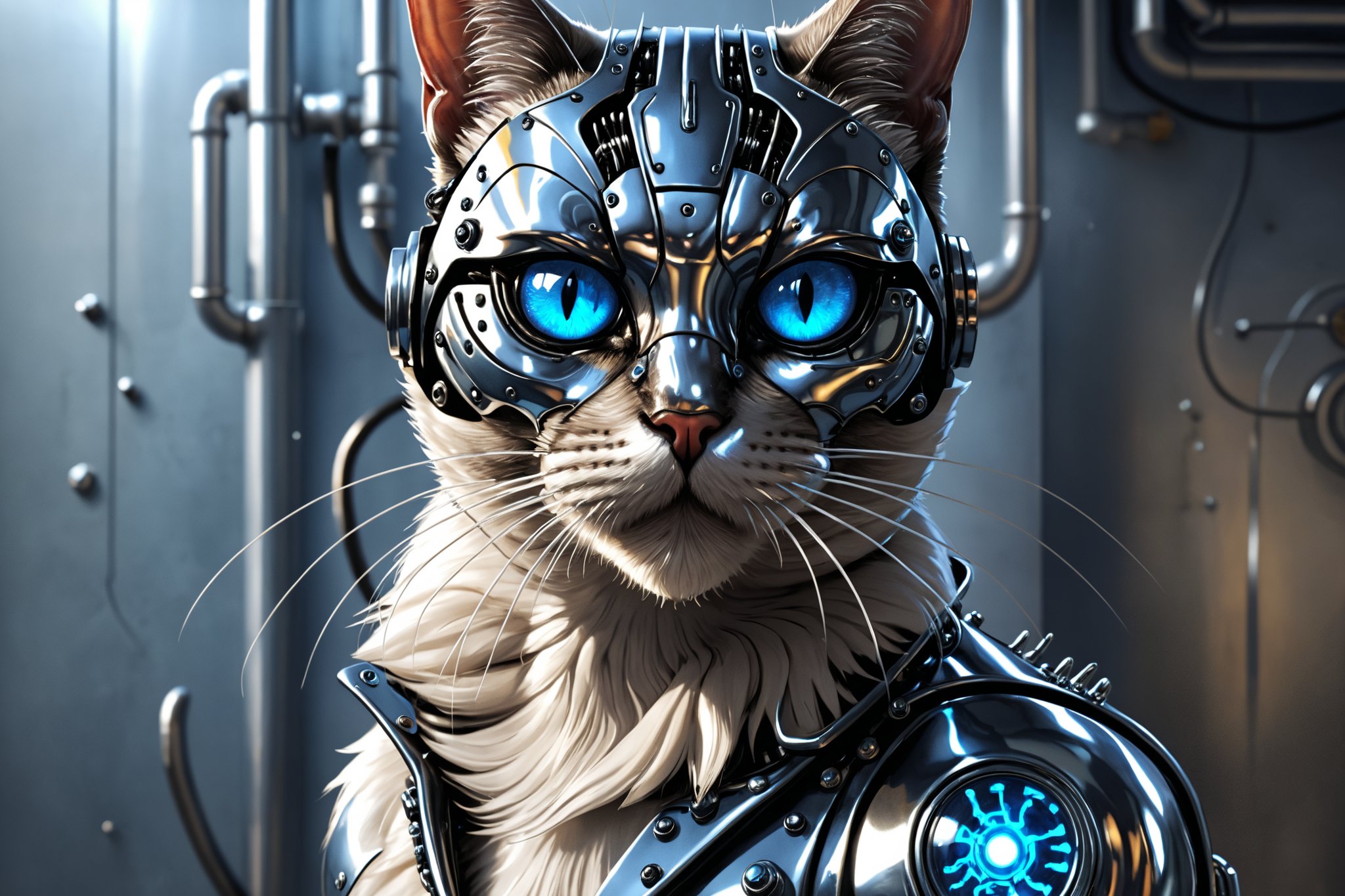 A cyborg T1000 liquid metal cat terminator like the film judgment day liquid metal cat terminator T1000, liquid metal t1000 terminator 2 judgement day style, vivid evil blue eyes, siamese liquid metal terminator cat, ,Disastartoon,Fizzlespell style