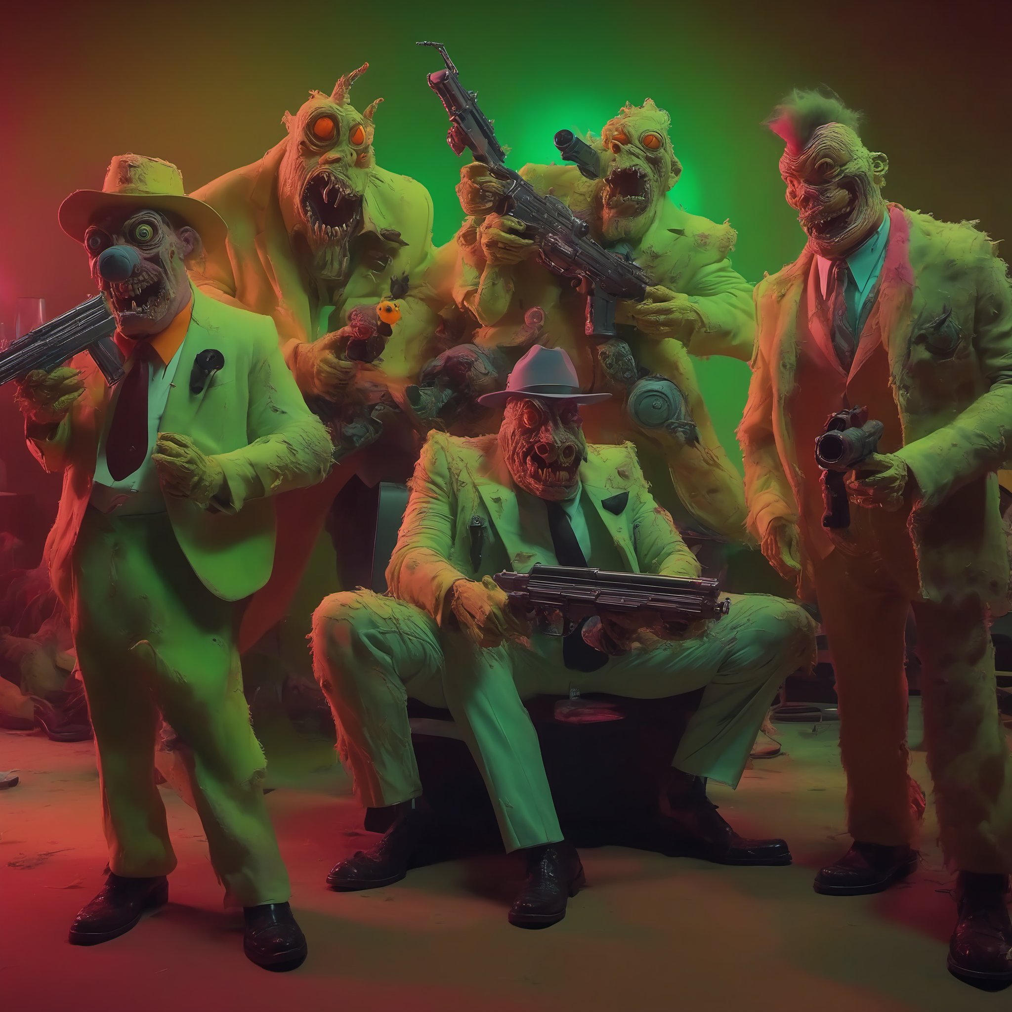 monster goofy guys in cool suits with guns and stuff like some bizarre alternate reality other dimensional Ghostbusters original film style cool crazy insane creature feature scene from a bad dream a nightmare version of the film reimagined,Claymutation XL