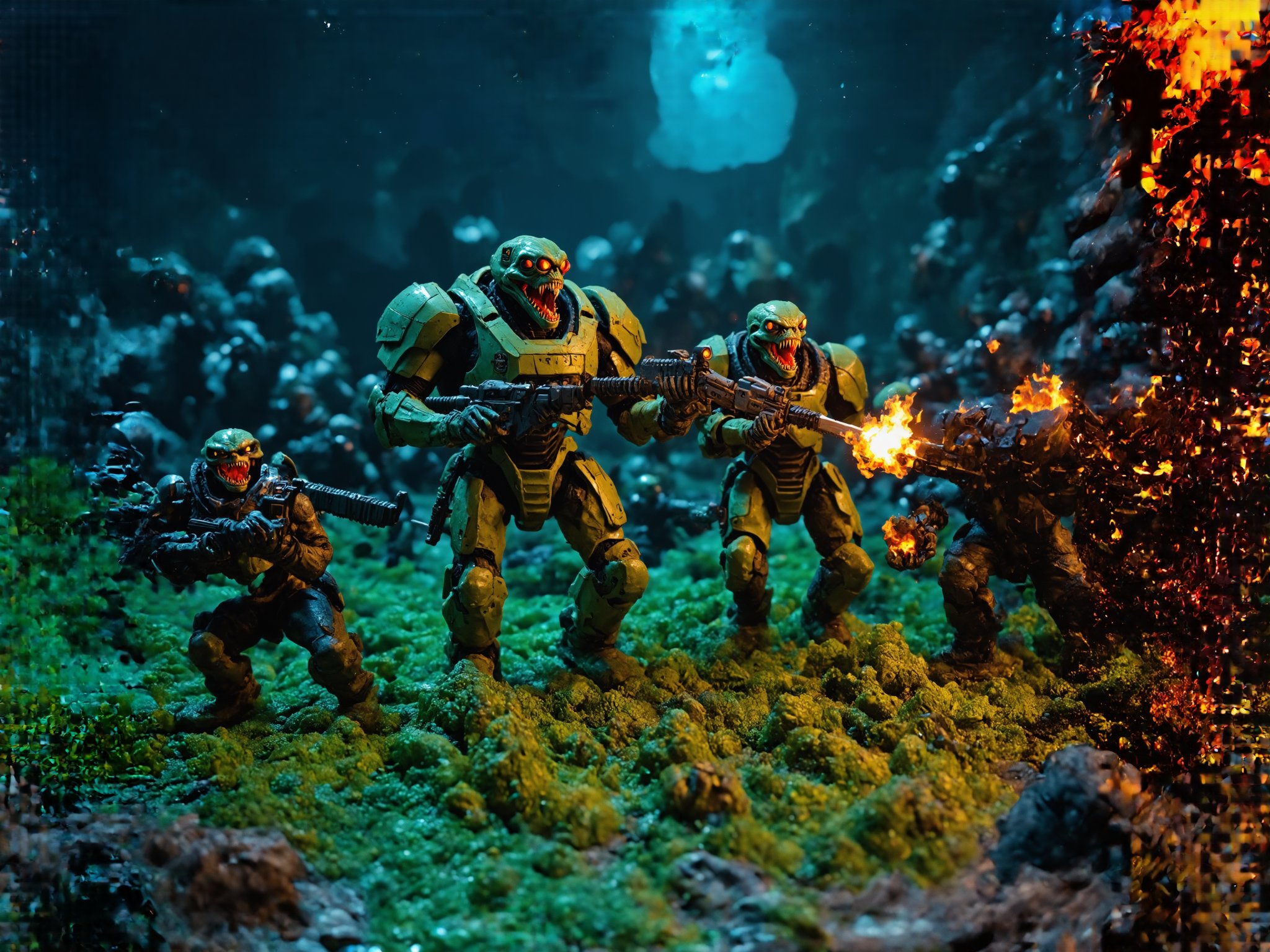 an intense epic mid battle in combat scene of a small squad of exosuit wearing futuristic human soldiers with advanced wea...