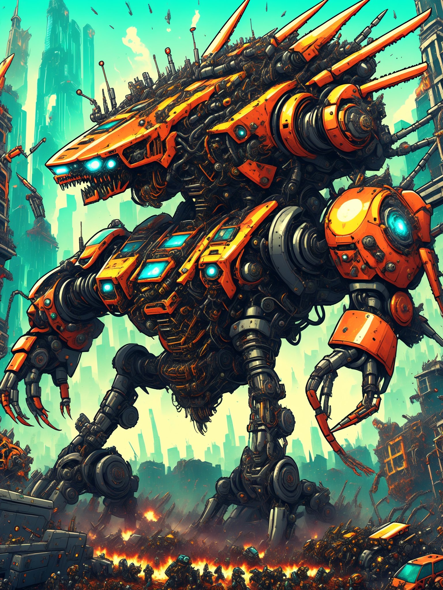 A massive looming gigantic killer robot, rampaging through a crowded city, smashing buildings, people fleeing in terror,  ultra intricate mechanical parts wires gears intricate inner workings, psychedelic to the max, best quality, CartooNuclear Meltdown style,2D