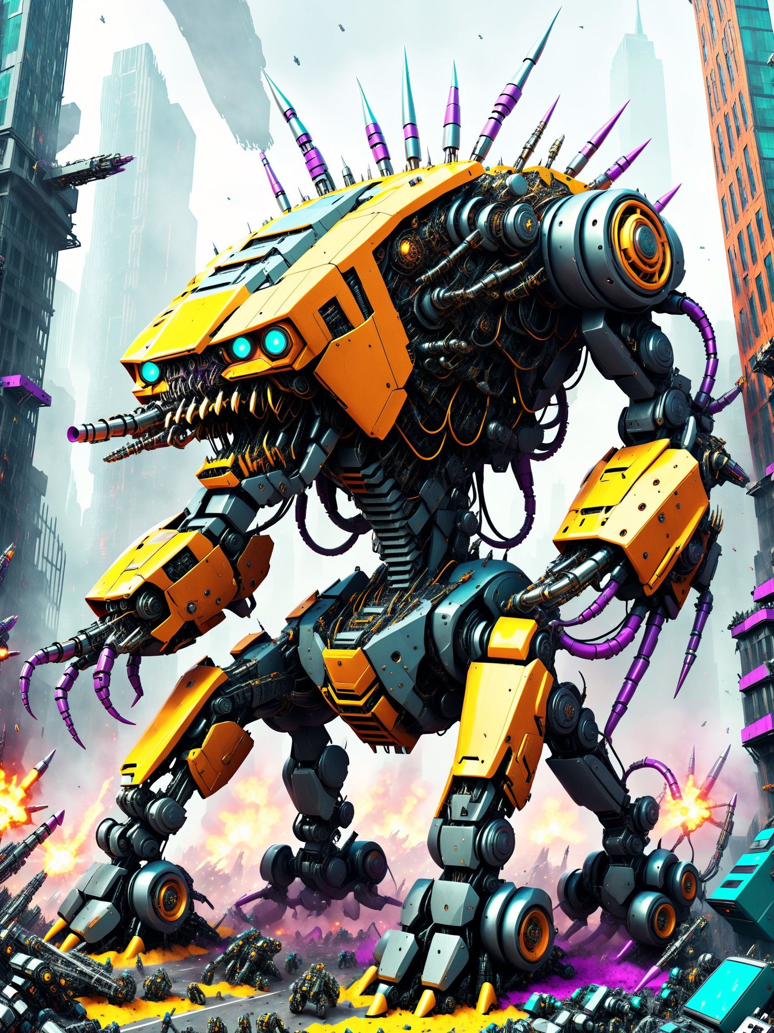 A massive looming gigantic killer robot, rampaging through a crowded city, smashing buildings, people fleeing in terror,  ultra intricate mechanical parts wires gears intricate inner workings, psychedelic to the max, best quality, CartooNuclear Meltdown style