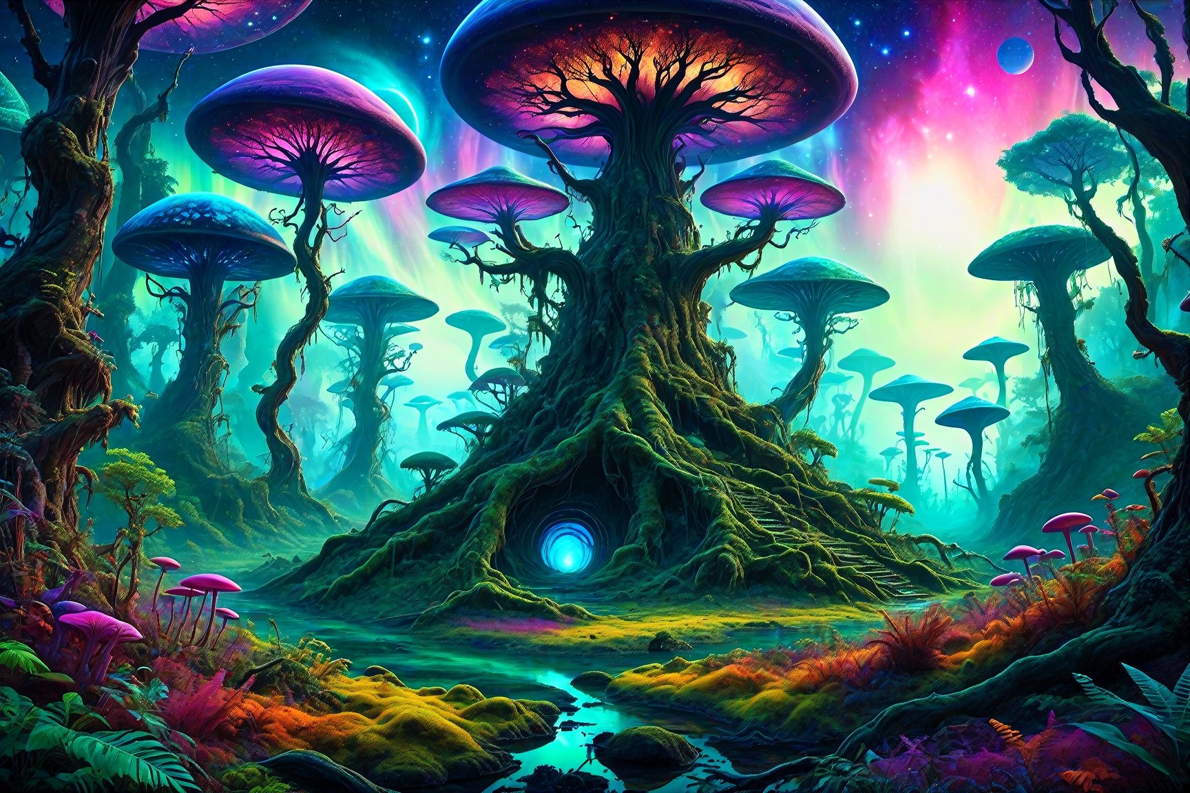 A cosmic landscape scene of an alien overgrown creepy forest lurking trees magical world,  vivid rich colors,  ancient aba...