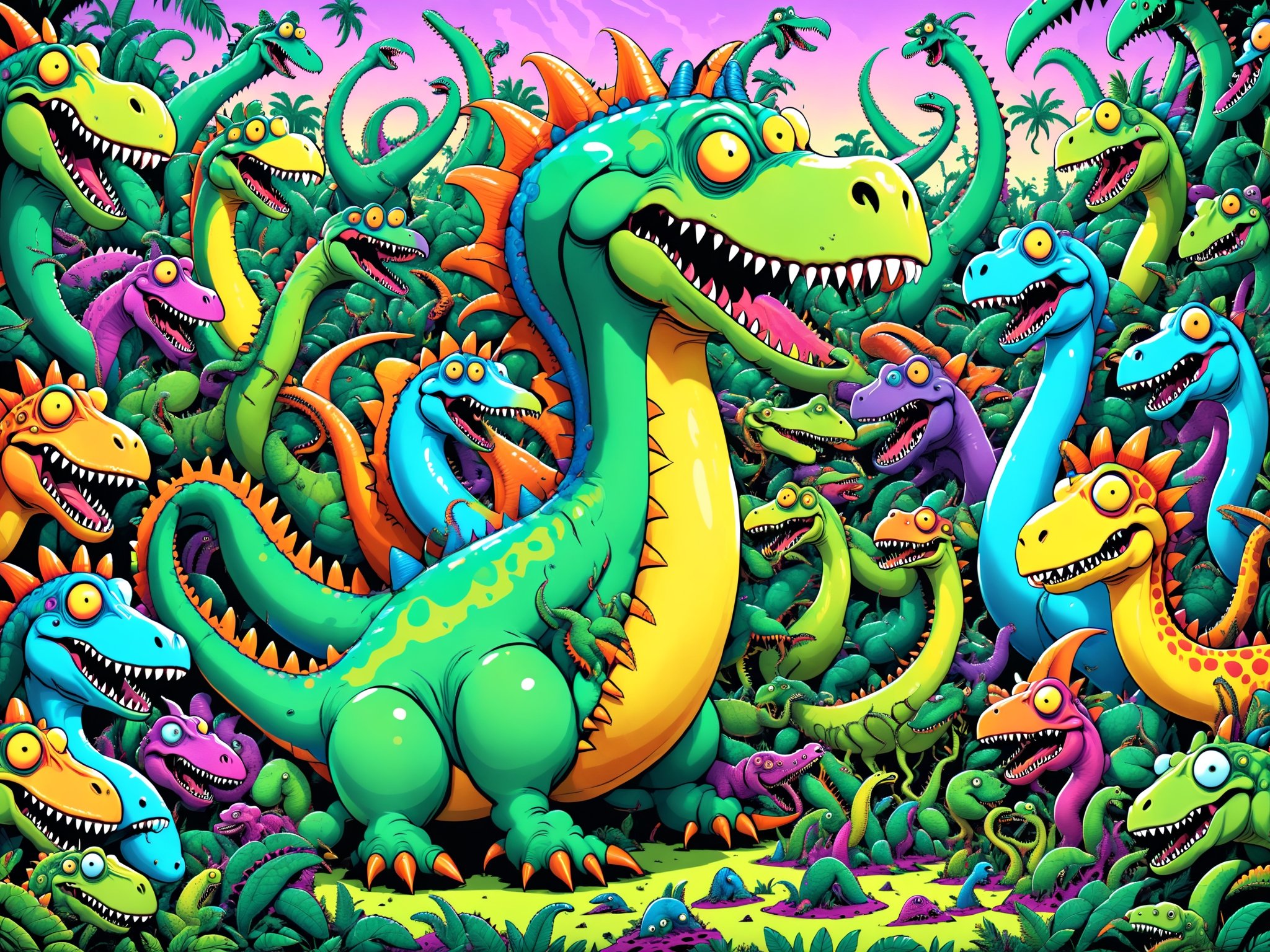 Dinosaurs, insane crazy whimsical wacky comical crazy cartoon Dinosaur debauchery, jam packed jurassic fantastic classic, comic cartoon psychedelic silly wonder, intricate, ultra-detailed, best quality, CartooNuclear Meltdown style, ,alien