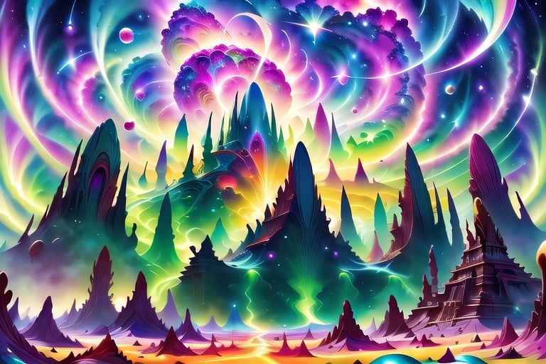 A cosmic landscape scene of an alien world with vivid rich colors and ancient alien temple ruins, colorful world, crazy auroras in star filled sky, skeletal spires spiraling, psychedelic colorscape, cosmic creatures, best quality, perfect detail, vivid color saturation, masterpiece, absurdres, Psychedelic alien worlds, sprawling cosmic colorscapes, Crazy psychedelic enhanced cosmic colorscapes,Psychedelic alien worlds ,Sprawling cosmic colorscapes 