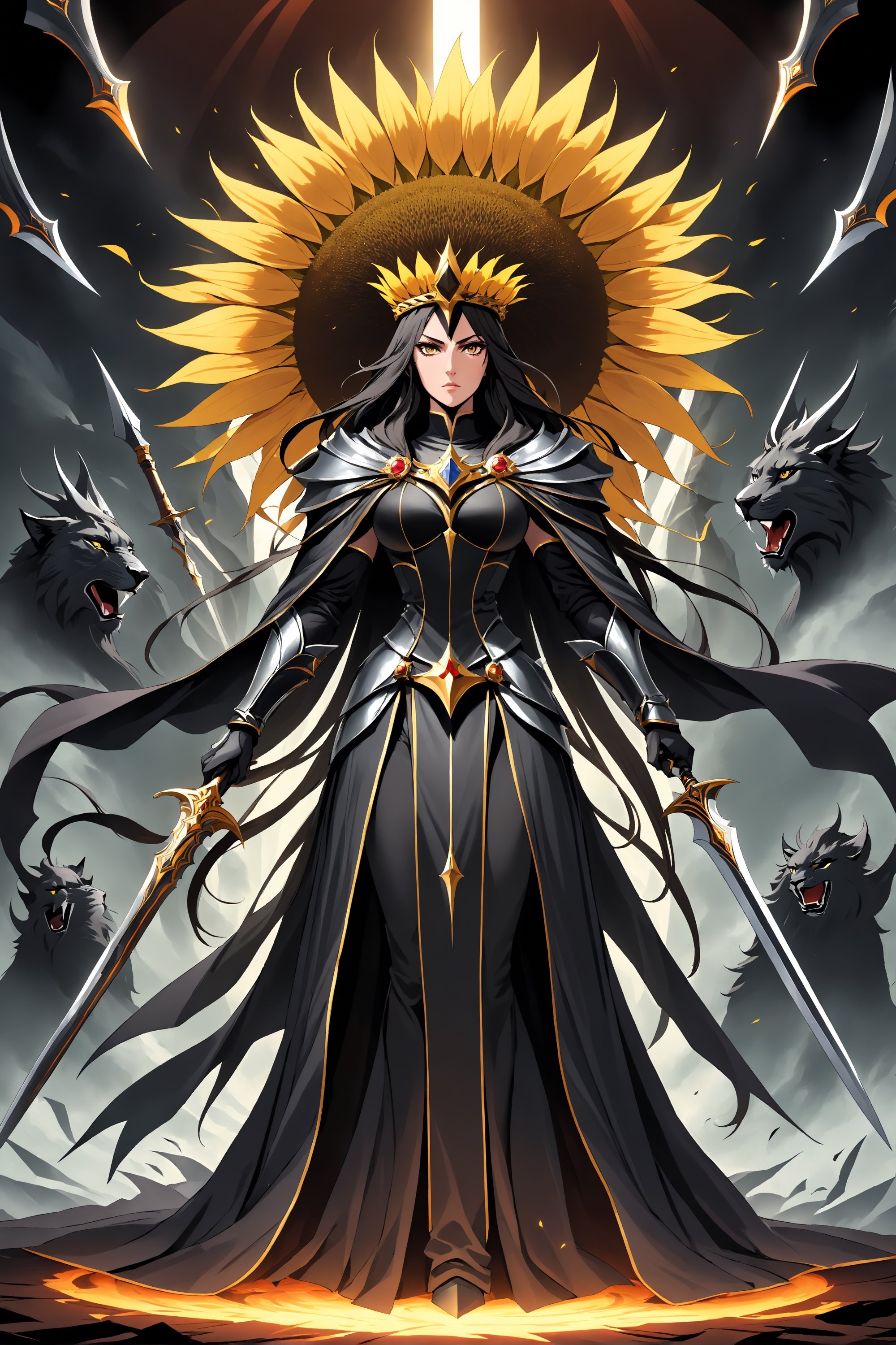 seen as a floating, robed, monolithic, and gargantuan woman, with her impassive, expressionless face bracketed by an imposing mantle of sharpened blades, the Lady of Pain as a female-presenting, robed individual, whose head is surrounded by blades, wreathed like a lion's mane, somewhat reminiscent of a sunflower; some of the blades were arranged to form a crown, dnd, keith Parkinson style, homm3 style, homm style 