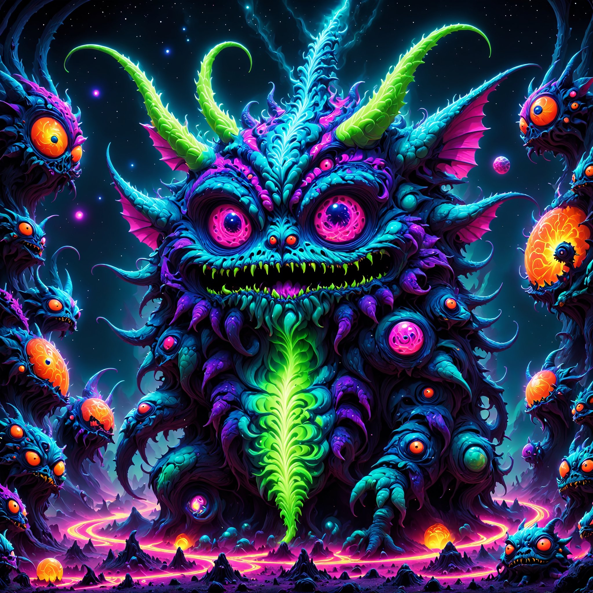 Using the full intensity and power of 80s retro vector neon vivid glowing neon style, take the collective imagery of psychedelic gremlins, trippy critters, hallucinatory ghoulies, and ultra psychedelic boglins toys and blend them all together with an enhanced focus on cuteness and strangeness into one ultimate glowing hot vibrant multi neon colored psychedelic 80s strange cute creature, like a mogwai mixed with a furbie and a gremlin and a ghoulie on neon infused lsd, ultra vivid hyper neon colors, cute, weird, silly, strange, psychedelic, absolute ultimate neon colored creature craziness, , (ultra-detailed), (best quality), ((masterpiece)), {{ultra-realistic}}, absolute perfection,  flawless precision, hyper realistic, intricate elaborate detailing,Fizzlespell style,CartooNuclear Meltdown style,Psychedelic Insanity style ,InsaniToon style ,Psychedelic alien worlds 