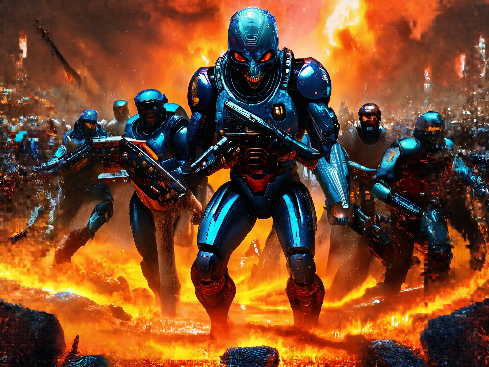 (a group of futuristic human space soldiers) fighting against a onslaught of crazy alien invaders,  it is a vivid intense...