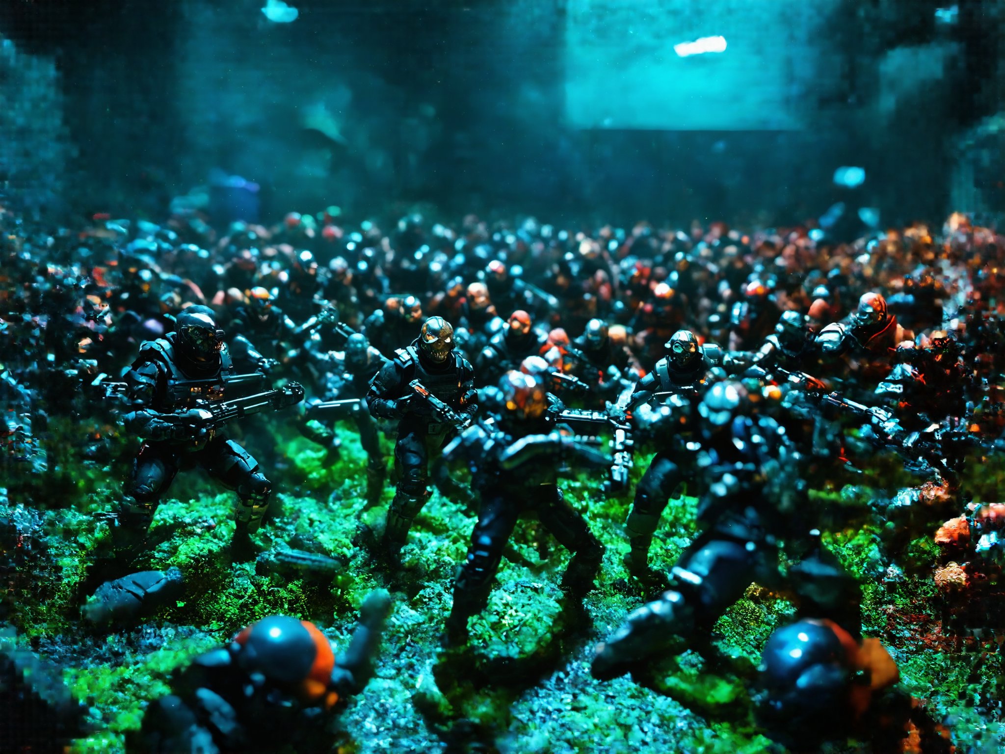 (a group of futuristic human space soldiers) fighting against a onslaught of crazy alien invaders,  it is a vivid intense...