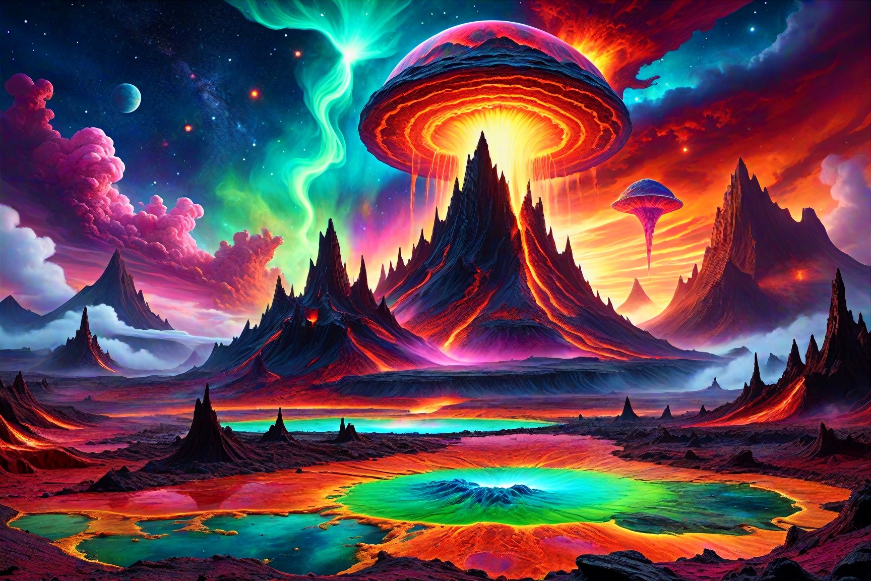 A cosmic landscape scene of an alien melty ooze magma slime geyser ooze volcano magical world,  vivid rich colors,  ancien...