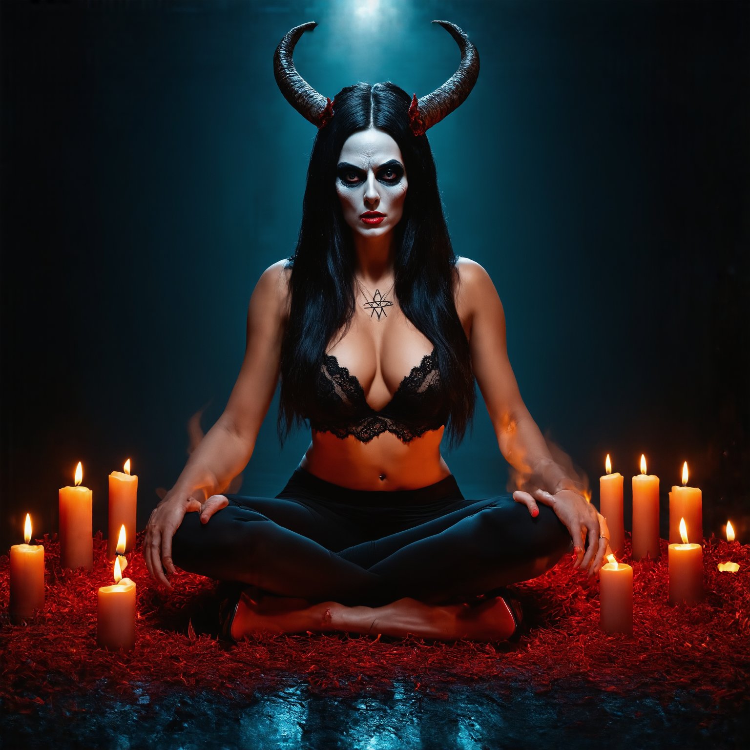 A demonic beauty sits cross-legged on a darkened floor, surrounded by a pentagram and candles. Her long, black hair cascades down her back as she gazes directly at the viewer with an enigmatic expression. Medium-sized breasts are barely contained beneath a lacy black top, while bare shoulders and arms gleam in the soft, flickering light. Pointed ears and demon horns protrude from her head, framing her porcelain complexion. A subtle smoky eye and bold red lipstick add to her mystique. She wears tight-fitting black pants and pointed high heels, her legs crossed in a pose of quiet contemplation. A fiery glow emanates from the candles, casting an otherworldly ambiance as she seems lost in thought. haunting otherworldly visages of demonic faces ethereal in the flames,Claymutation