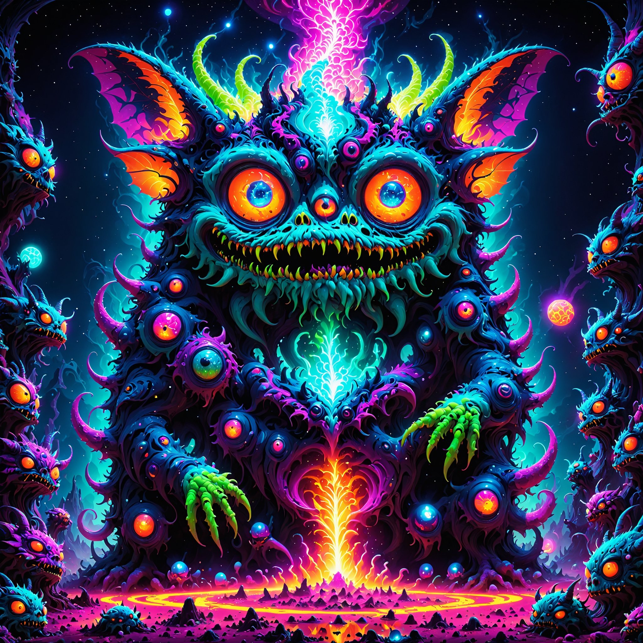 Using the full intensity and power of 80s retro vector neon vivid glowing neon style, take the collective imagery of psychedelic gremlins, trippy critters, hallucinatory ghoulies, and ultra psychedelic boglins toys and blend them all together with an enhanced focus on cuteness and strangeness into one ultimate glowing hot vibrant multi neon colored psychedelic 80s strange cute creature, like a mogwai mixed with a furbie and a gremlin and a ghoulie on neon infused lsd, ultra vivid hyper neon colors, cute, weird, silly, strange, psychedelic, absolute ultimate neon colored creature craziness, , (ultra-detailed), (best quality), ((masterpiece)), {{ultra-realistic}}, absolute perfection,  flawless precision, hyper realistic, intricate elaborate detailing,Fizzlespell style,CartooNuclear Meltdown style,Psychedelic Insanity style ,InsaniToon style ,Psychedelic alien worlds 