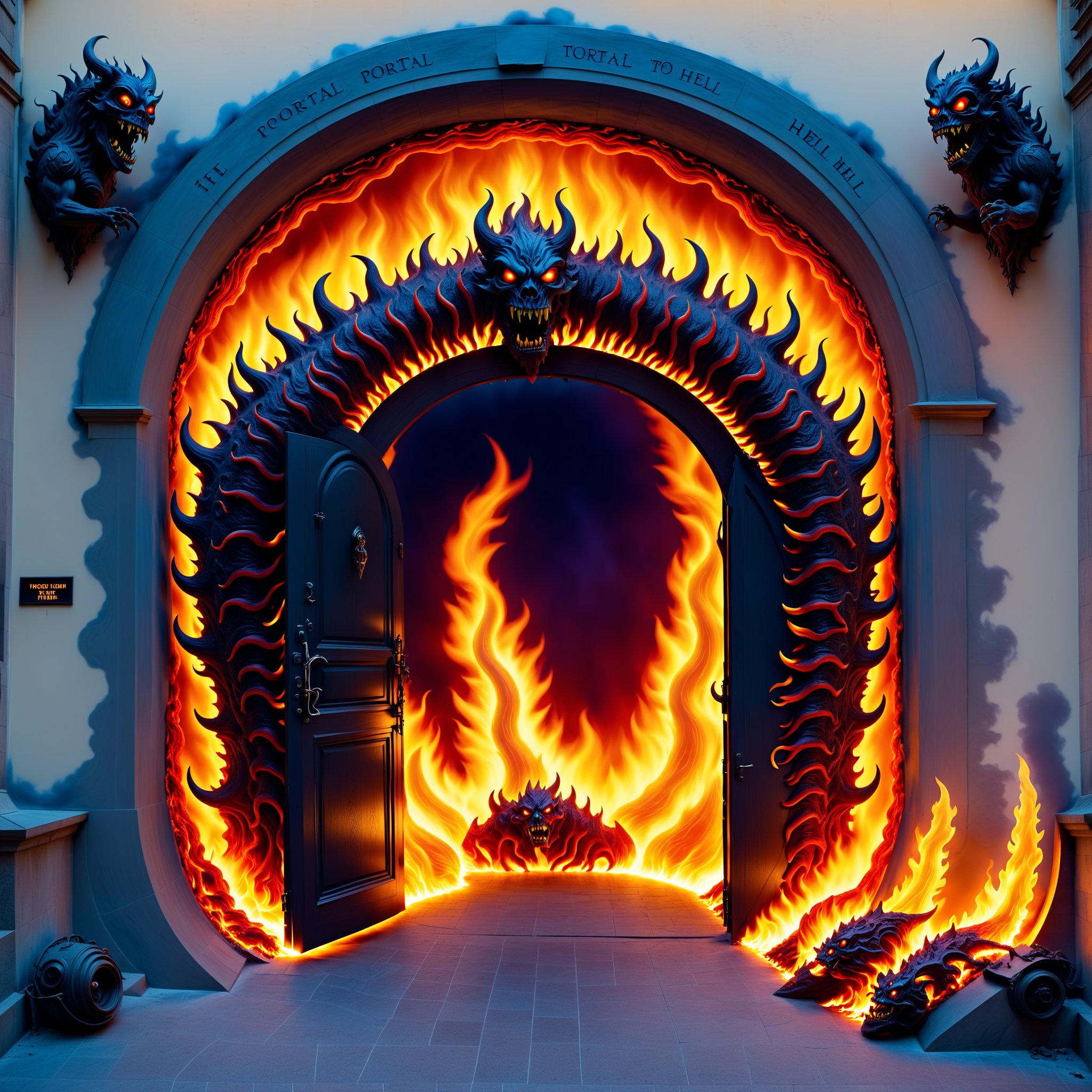 Portal to hell opening in city center, flaming firey demons monsters evils of hell invading city horrifying nightmarish madness,REALISTIC 