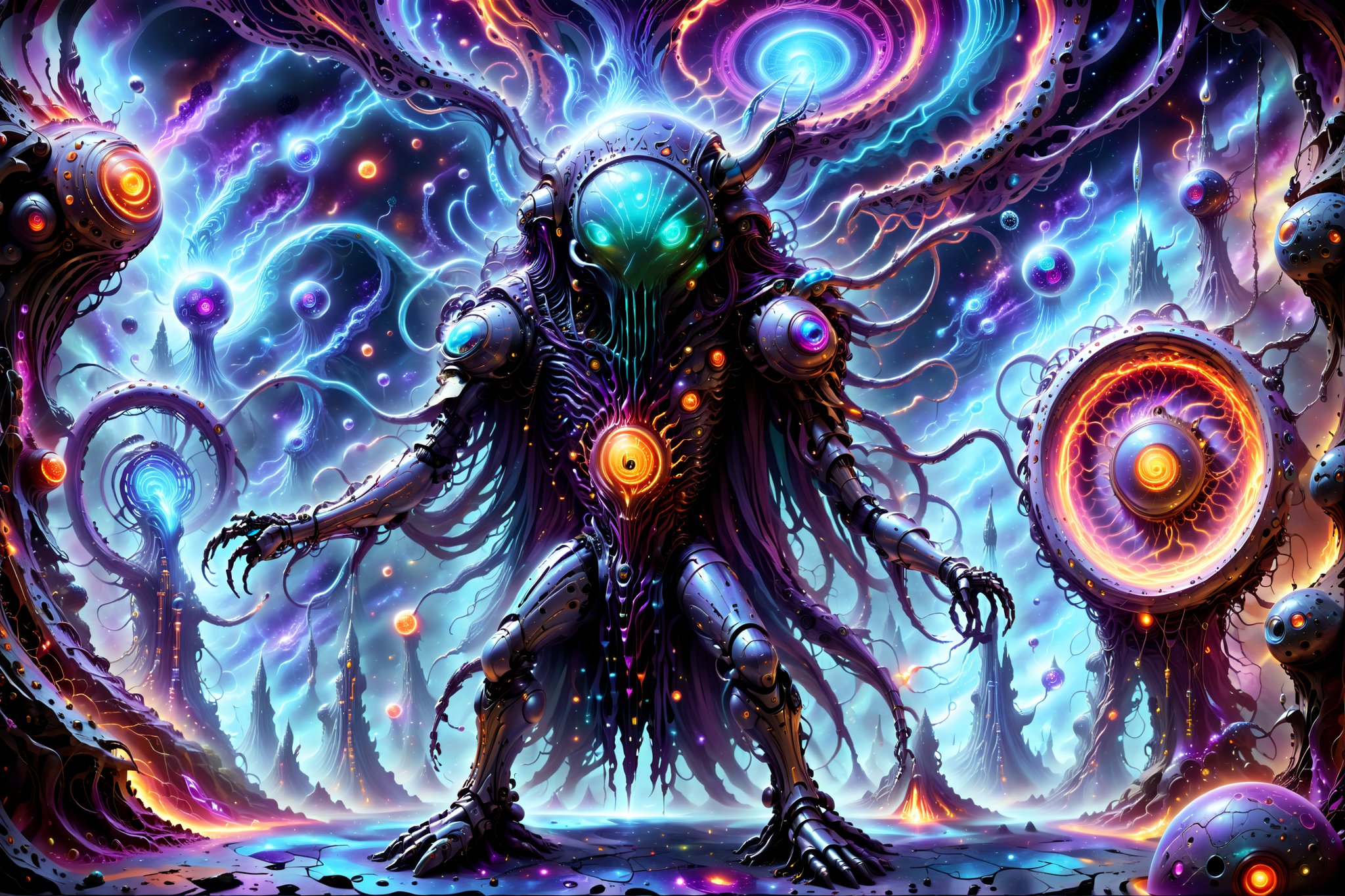 Psychedelic cybernetic sorcerer using technomancy magic and technology to conjure spirits from cyberspace out of the digital dimension into the physical world, epic sci fi fantasy crazy cool colorful creative  fusion of futurism and mysticism 