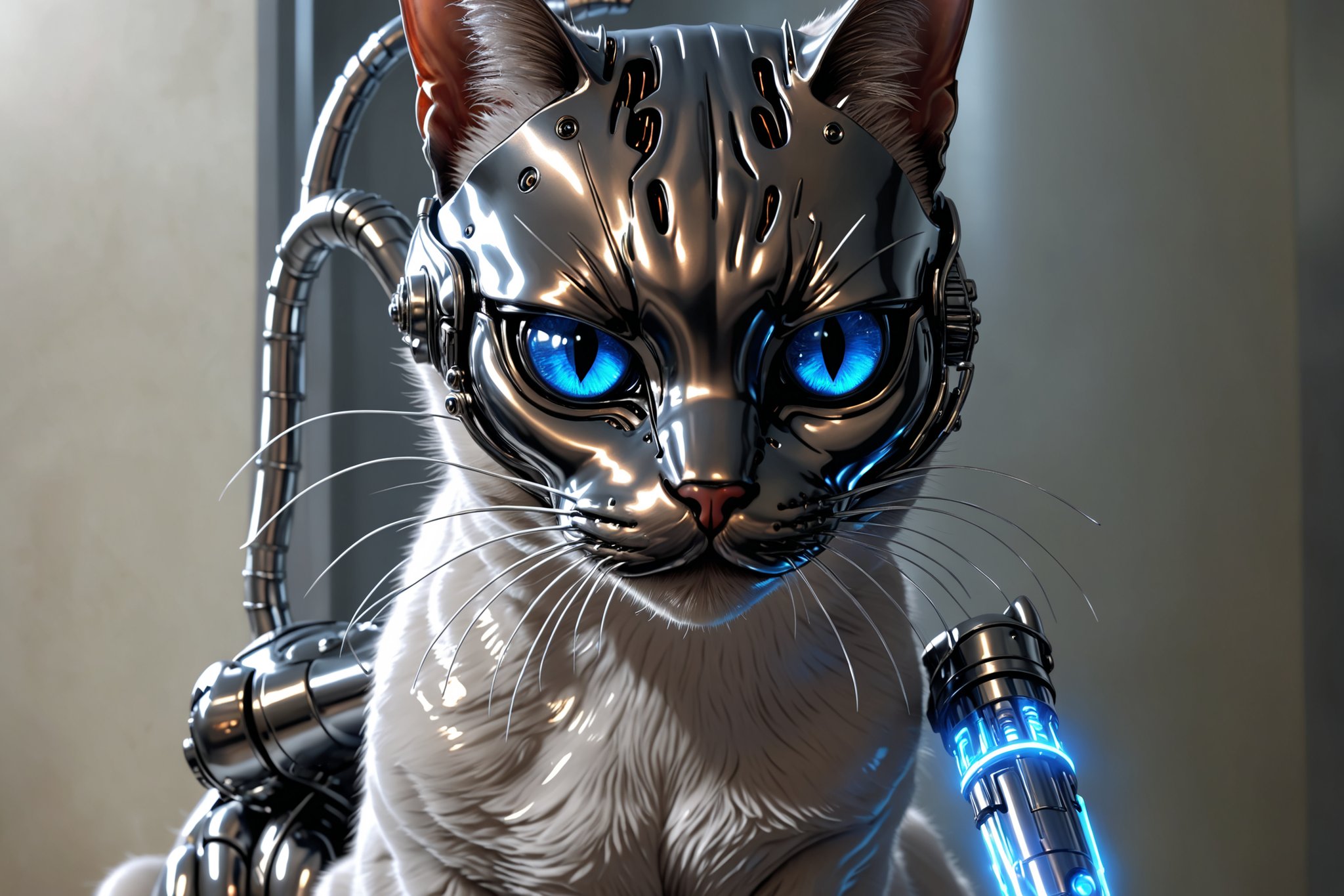 A cyborg T1000 liquid metal cat terminator like the film judgment day liquid metal cat terminator T1000, liquid metal t1000 terminator 2 judgement day style, vivid evil blue eyes, siamese liquid metal terminator cat, ,Disastartoon,Fizzlespell style