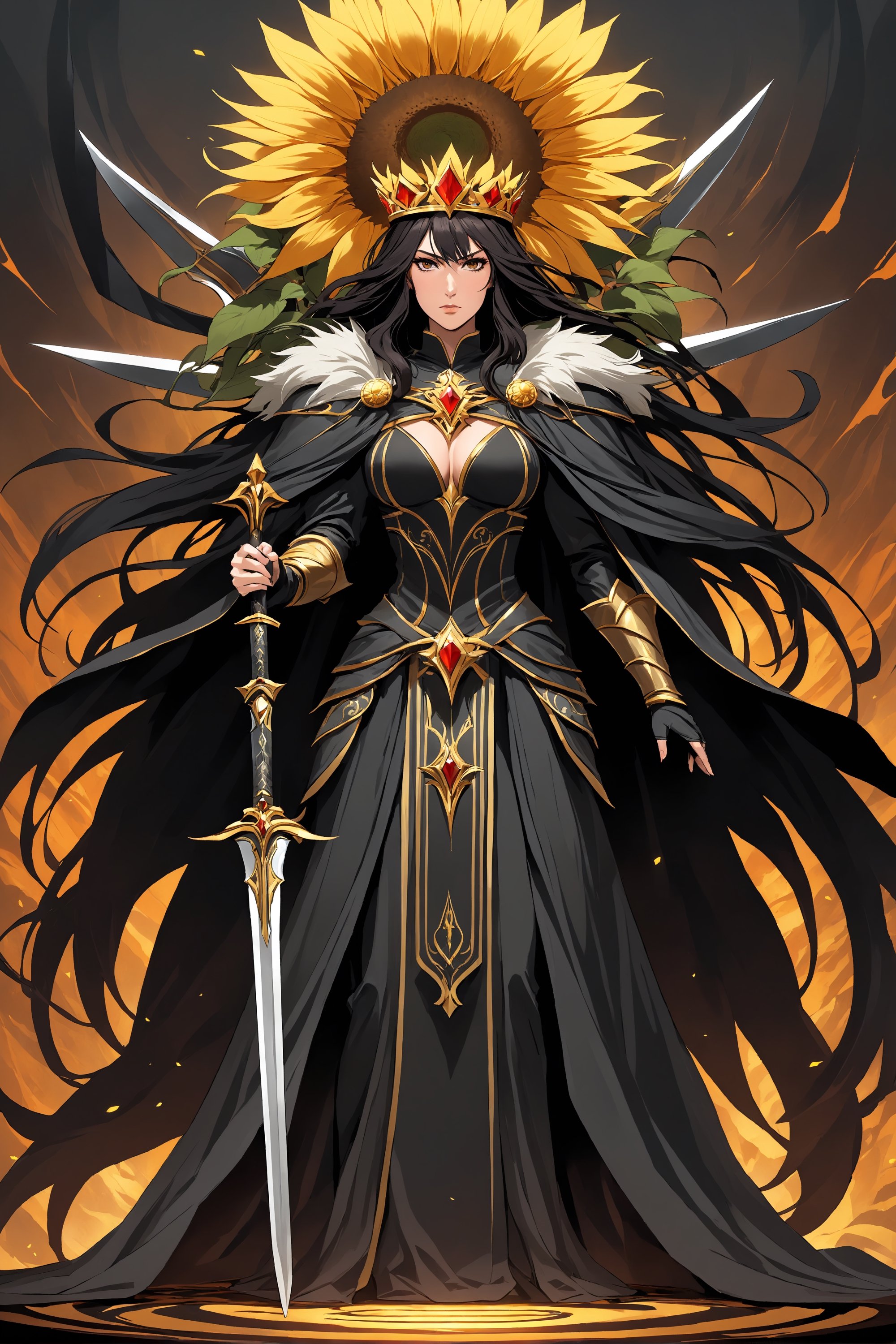 seen as a floating, robed, monolithic, and gargantuan woman, with her impassive, expressionless face bracketed by an imposing mantle of sharpened blades, the Lady of Pain as a female-presenting, robed individual, whose head is surrounded by blades, wreathed like a lion's mane, somewhat reminiscent of a sunflower; some of the blades were arranged to form a crown, dnd, keith Parkinson style, homm3 style, homm style 