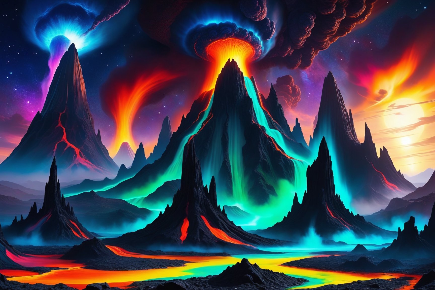 A cosmic landscape scene of an alien melty ooze magma slime geyser ooze volcano magical world,  vivid rich colors,  ancien...