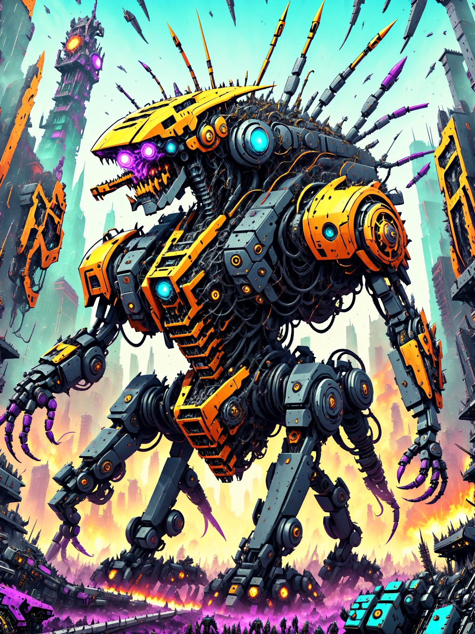 A massive looming gigantic killer robot, rampaging through a crowded city, smashing buildings, people fleeing in terror,  ultra intricate mechanical parts wires gears intricate inner workings, psychedelic to the max, best quality, CartooNuclear Meltdown style,2D