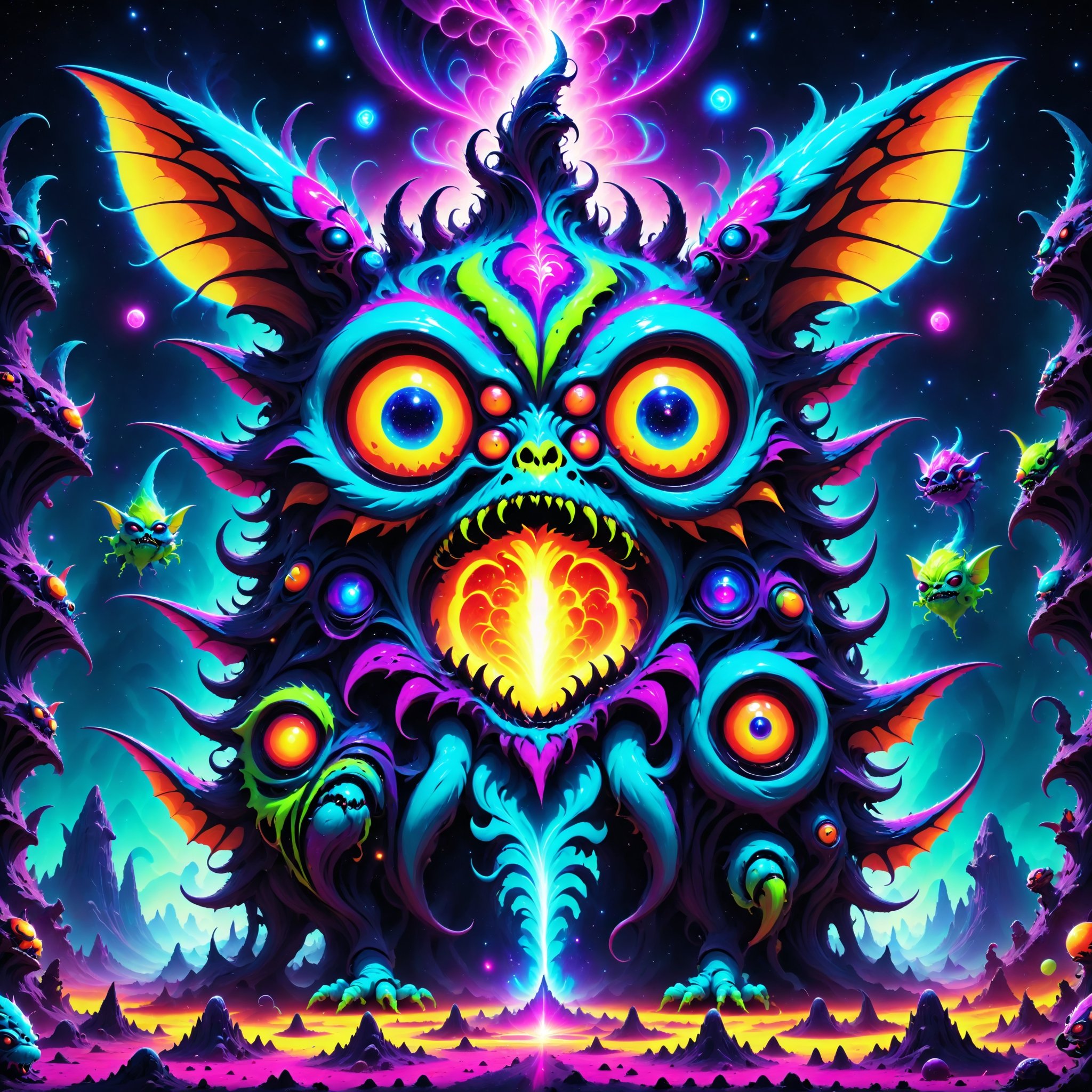 Using the full intensity and power of 80s retro vector neon vivid glowing neon style, take the collective imagery of psychedelic gremlins, trippy critters, hallucinatory ghoulies, and ultra psychedelic boglins toys and blend them all together with an enhanced focus on cuteness and strangeness into one ultimate glowing hot vibrant multi neon colored psychedelic 80s strange cute creature, like a mogwai mixed with a furbie and a gremlin and a ghoulie on neon infused lsd, ultra vivid hyper neon colors, cute, weird, silly, strange, psychedelic, absolute ultimate neon colored creature craziness, , (ultra-detailed), (best quality), ((masterpiece)), {{ultra-realistic}}, absolute perfection,  flawless precision, hyper realistic, intricate elaborate detailing,Fizzlespell style,CartooNuclear Meltdown style,Psychedelic Insanity style ,InsaniToon style ,Psychedelic alien worlds 