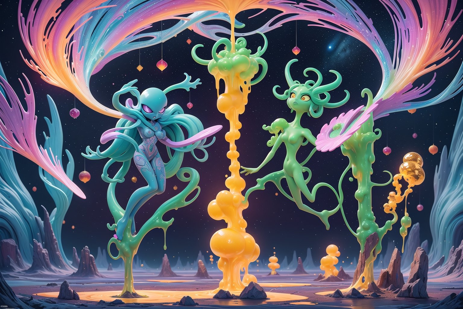 A cosmic landscape scene of an alien gooy ooze color slime goop melty dripping color world with vivid rich colors and anci...