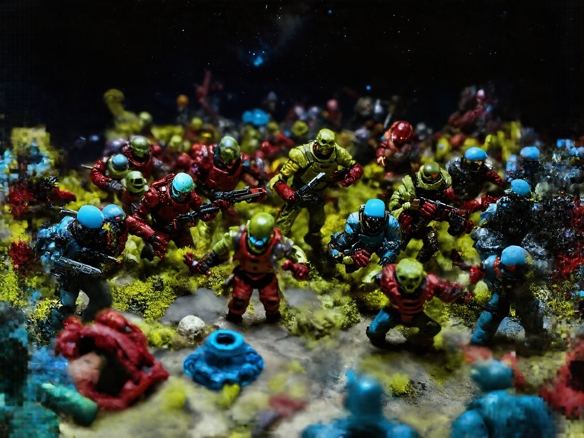 (a group of futuristic human space soldiers) fighting against a onslaught of crazy alien invaders,  it is a vivid intense...
