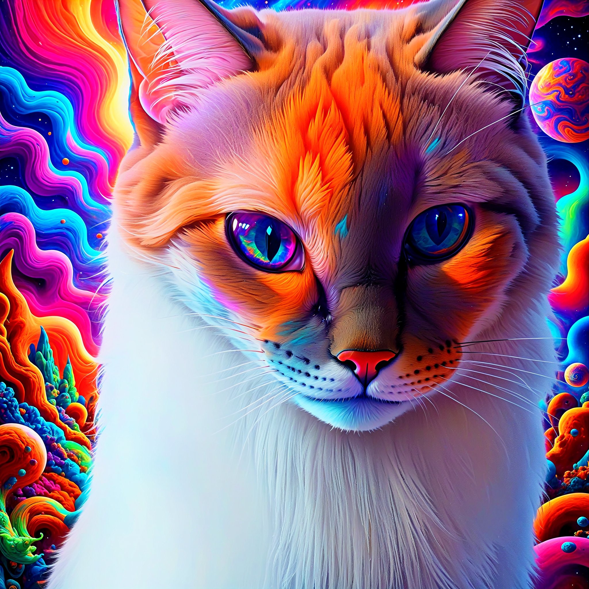 Psychedelic siamese space cat staring intently directly at you, soul piercing gaze, deep in thought, trippy, colorful, crazy colors, cat nip acid trip, lsd dmt mdma 2cb hallucinatory psychedelic visual effects, whimsical, crazy, wacky, awesome, ultra-detailed, absurdres, best quality, vivid colors, vivid blue eyes, psychedelic alien worlds, sprawling cosmic colorscapes