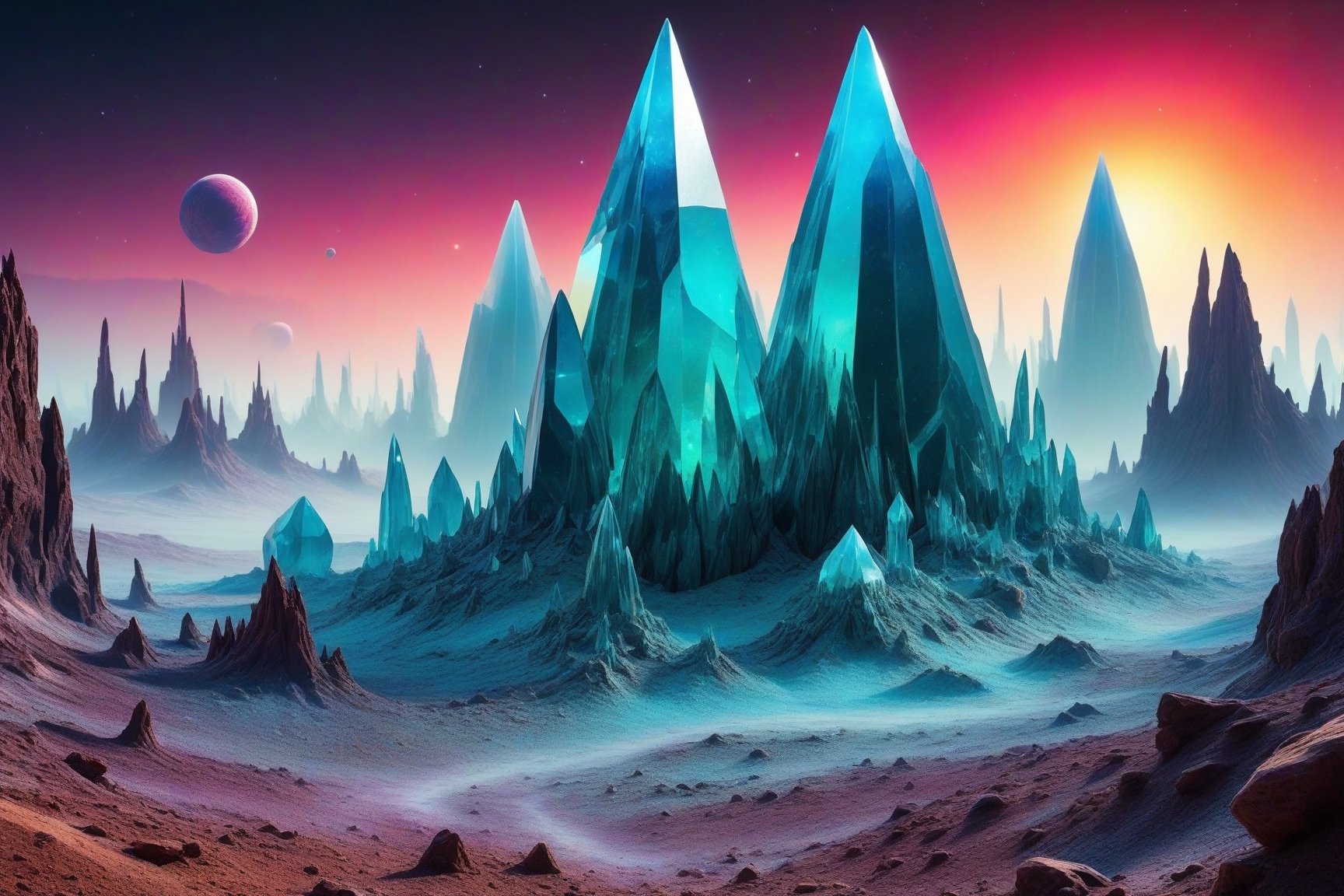 A cosmic landscape scene of an alien crystal glass crystal meth world psychedelic meth shard colorscape,  crystalline glas...