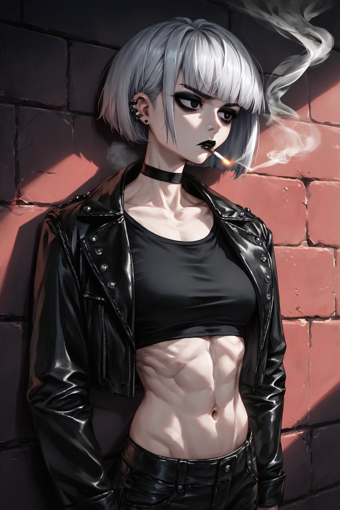 score_9, score_8, score_7, 1girl, solo, short silver hair, ear piercing, black lipstick, big_boobs, goth, tall, intimidating, dialated pupils, leather_jacket, choker, upper body, bangs on both sides of the face, black crop top, cold expression, mouth closed, (looking away), (looking with indifference), smoking a cigarette, outdoor, (inght city corner background), leanin on  wall viewed_from_side, dimly lit, sagawa, scenery, toned stomach, black eyes, bob hairstyle, detailed character, thick eyeliner, realistic body proportions,