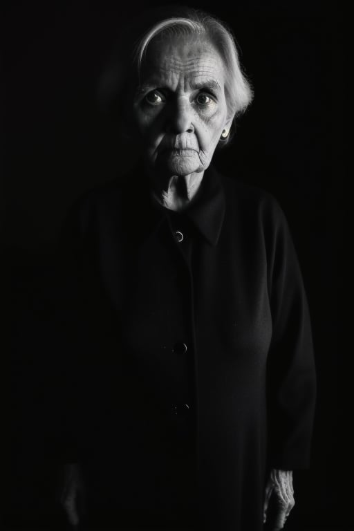 solo, (looking at viewer), facing viewer, surrounded by darkness, fully dark background, emerges from backgorund darkness, slightly lightened face, camera is the weak light source, realistic, old woman, standing still, menacing, unsettling, monochrome, upper body