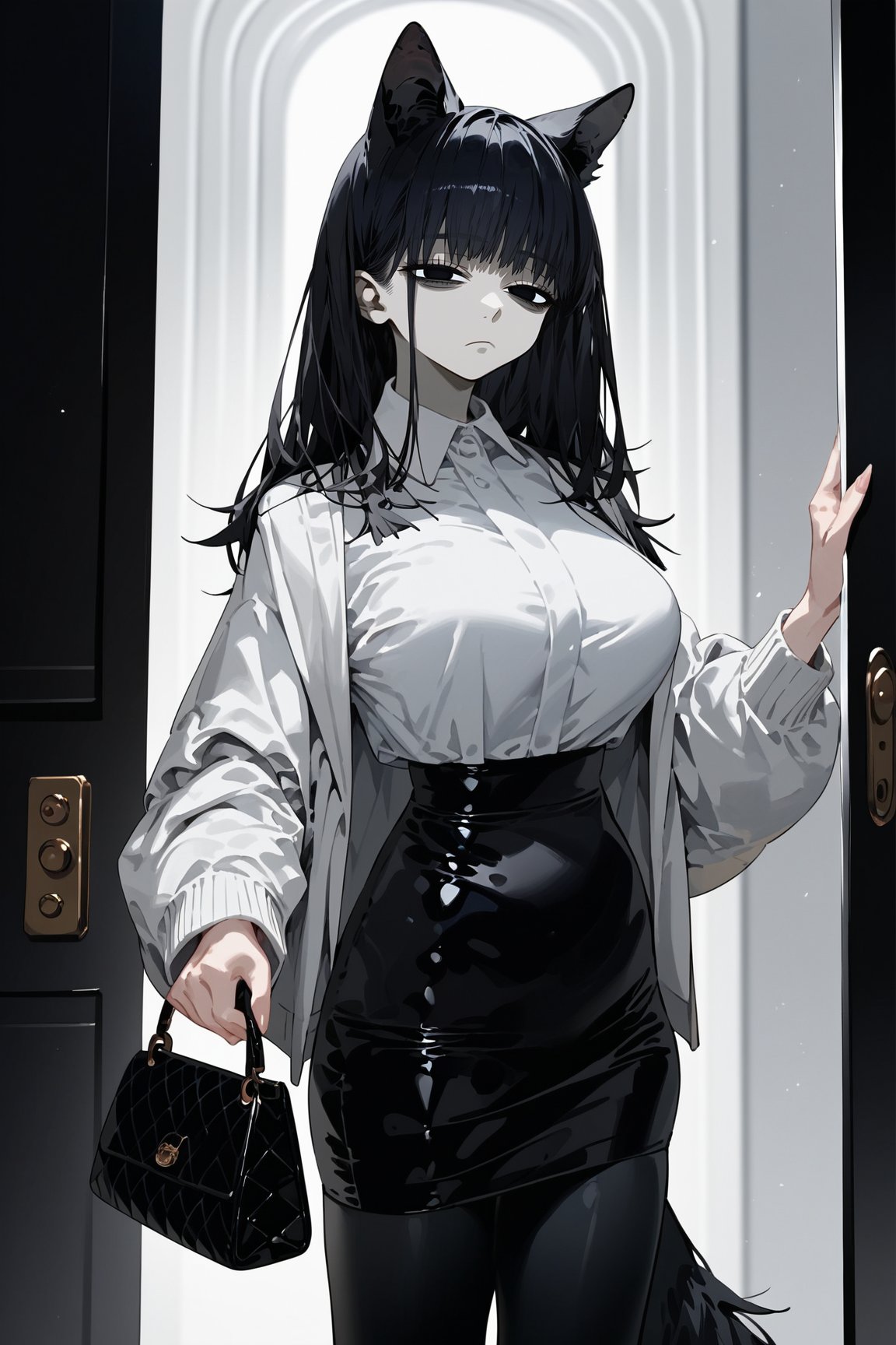 score_9, score_8, score_7, curvy, 1girl, solo, curvy, tall, big blue eyes, long, dark hair, tired, (long grey formal jacket), big_boobs, (holding a handbag), pale skin, fluffy animal ears, white fluff, black wolf ears, black dog tail, (white formal shirt)), bang, knee long pencil skirt, black tights, mouth closed, (looking at viewer), indoor, (apartment entrance door background), viewed_from_side, sagawa, detailed character,Minimalism interior