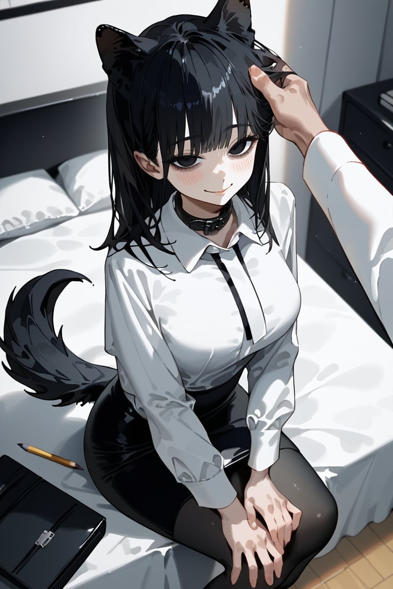 score_9, score_8, score_7, curvy, 1girl, solo, curvy, tall, big blue eyes, long, dark hair, tired, blushing, smiling seductively, big_boobs, pale skin, black dog collar, sitting on bed, fluffy animal ears, (white fluff), black wolf ears, black dog tail, ((white formal shirt)), long sleeves, bang, pov giving a headpat ,viewer's hand on hair,knee long pencil skirt, black tights, mouth closed, (looking at viewer), indoor, (apartment bedroom), from above, viewed_from_side, sagawa, detailed character,Minimalism interior, pov hands