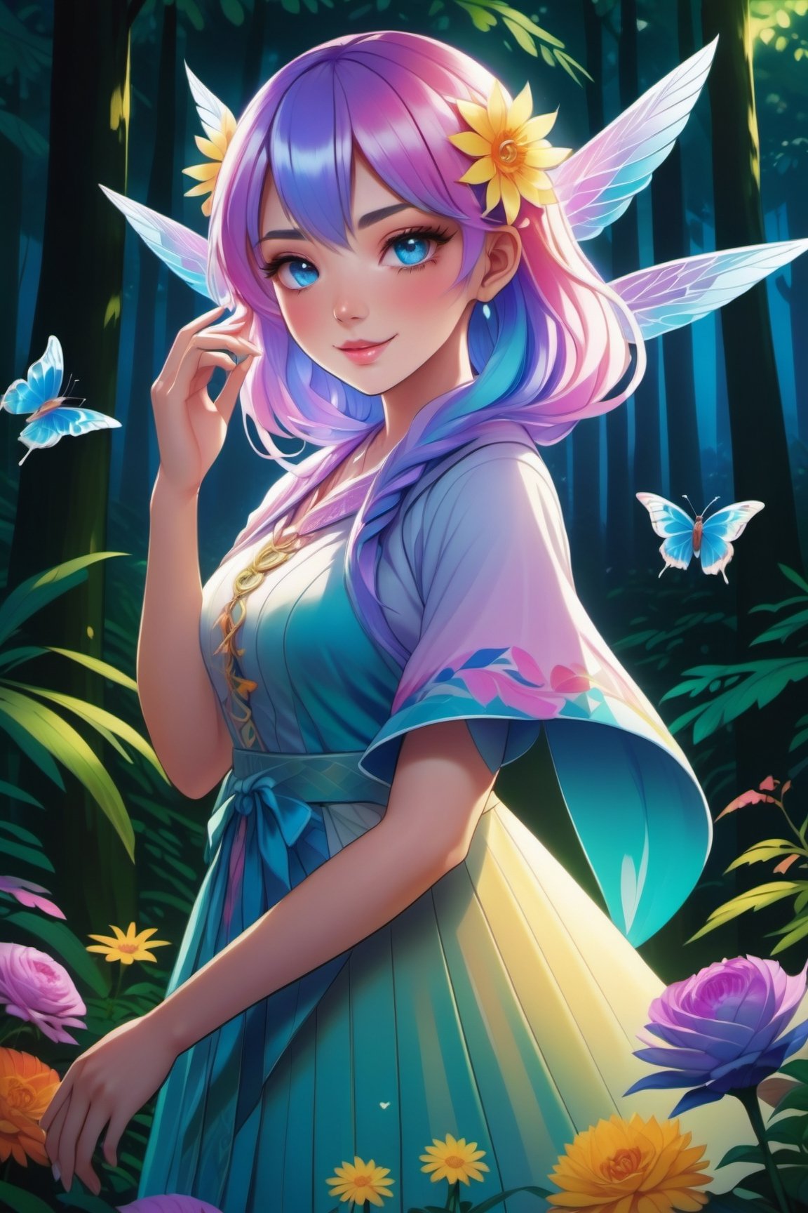 (best quality,4k,8k,highres,masterpiece:1.2),ultra-detailed,(realistic,photorealistic,photo-realistic:1.37),anime girl smile,detailed eyes and face,longeyelashes,beautiful detailed lips,colorful hair,soft lighting,peaceful garden background,flowers,butterflies,summer dress,fresh colors,playful expression,sparkling eyes,cute pose,artistic rendering,dreamy atmosphere