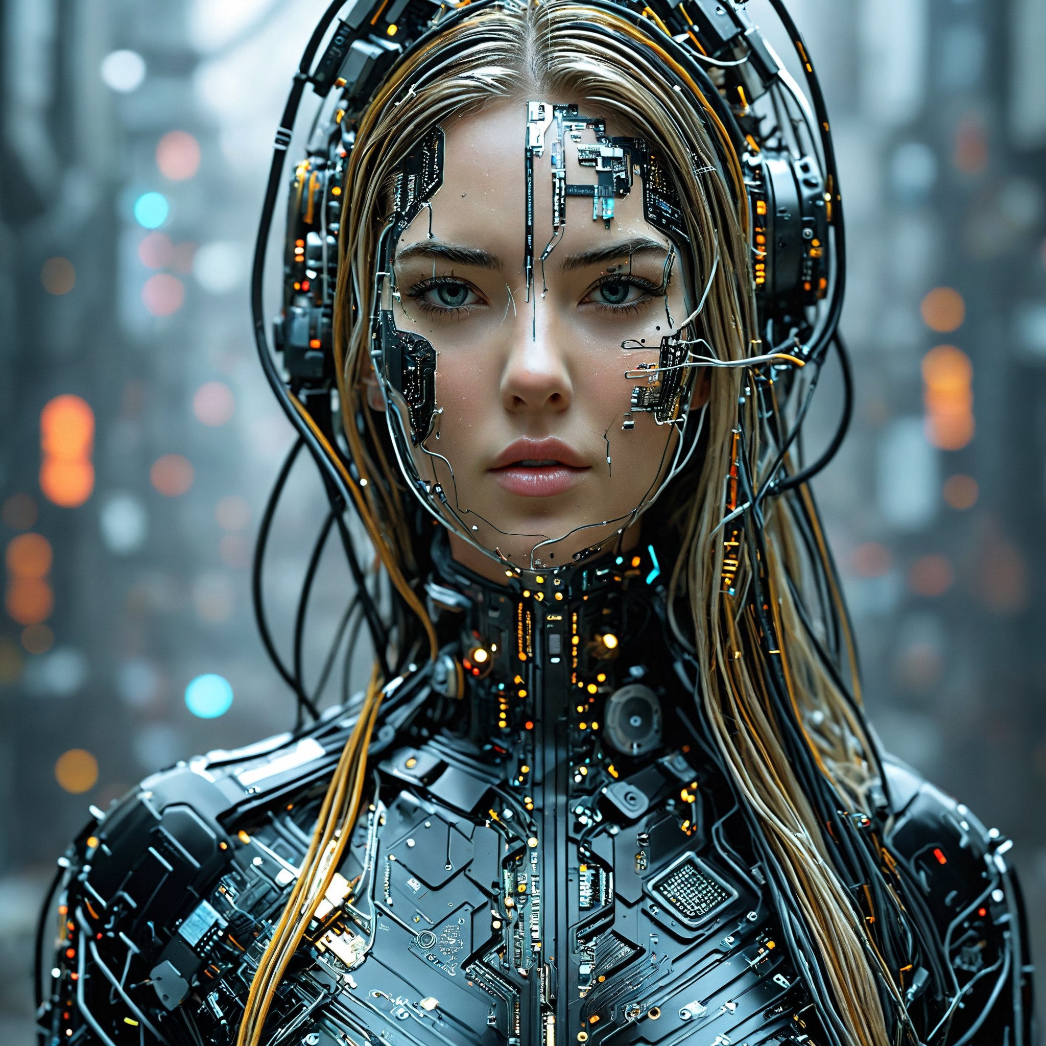 Impressive cyberpunk style art, female neuromancer, (Kate Upton), long hair composed of cables,Game day battle face paint, many wires coming out of her head and legs, high-tech jacket composed of white and black circuit boards, metal parts, prosthetic hands made of high-tech materials, full_body, A breathtaking masterpiece, Cyborg,circuitboard,ktrmkp