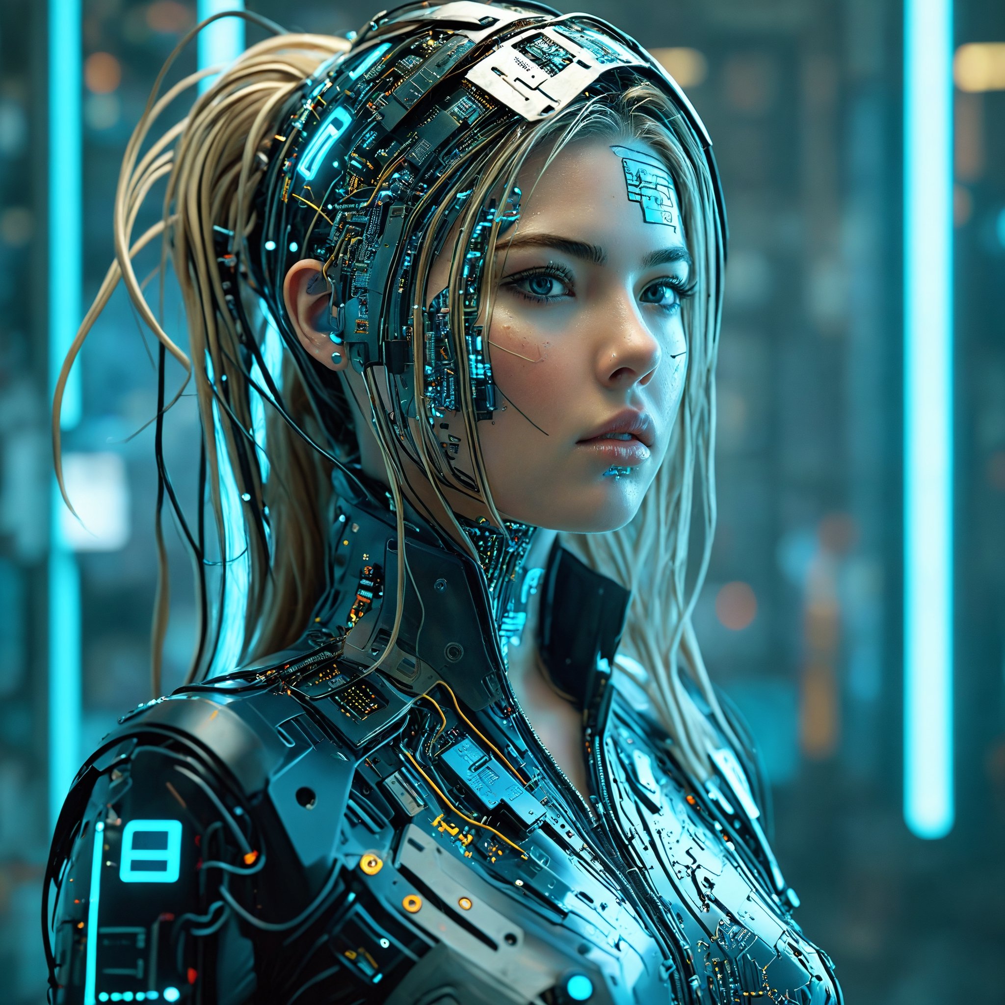 Impressive cyberpunk style art, female neuromancer, (Kate Upton), long hair composed of cables,Game day battle face paint, many blue wires coming out of her head and legs, high-tech jacket composed of blue and aqua circuit boards, metal parts, prosthetic hands made of high-tech materials, full_body, A breathtaking masterpiece, Cyborg,circuitboard,ktrmkp