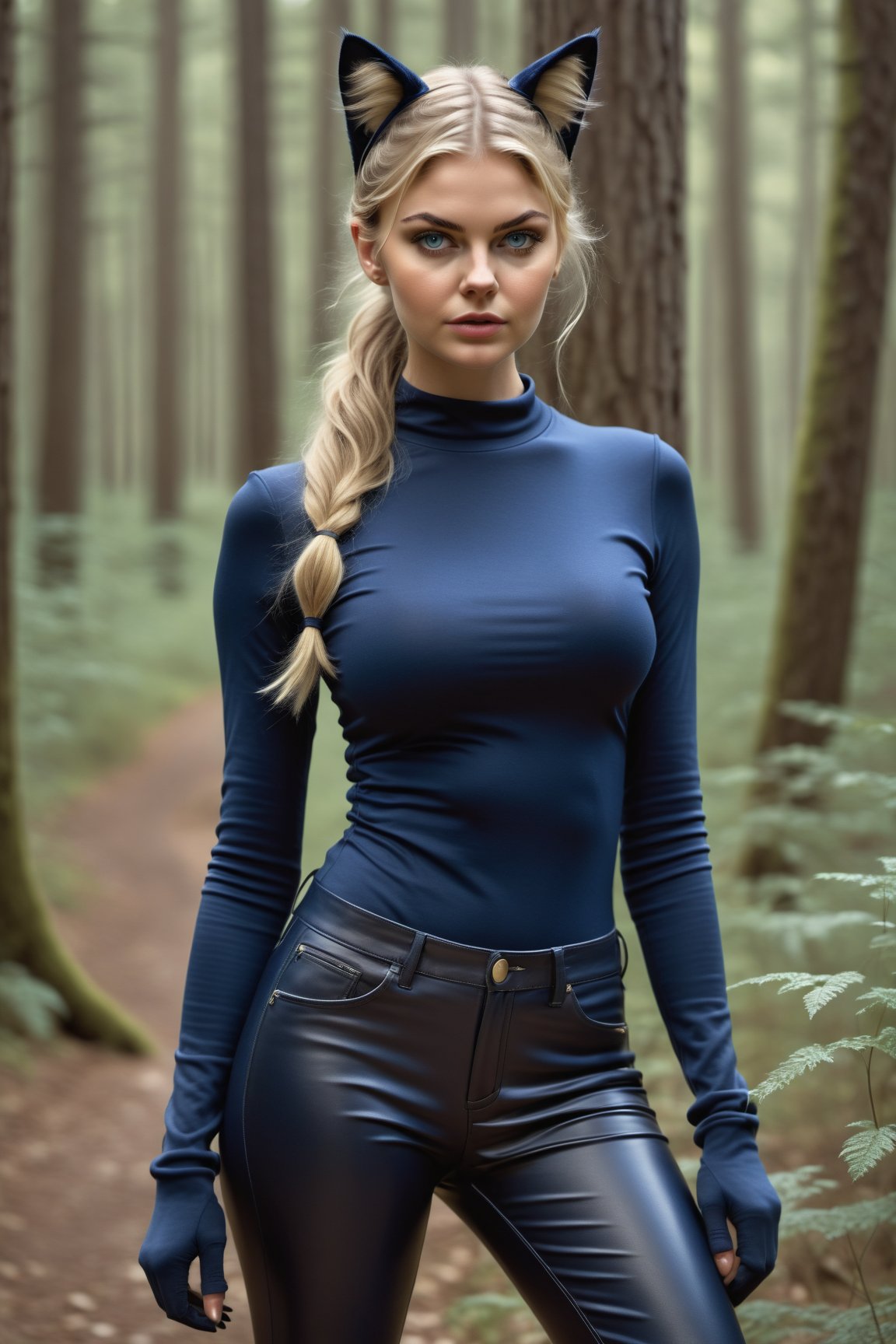 cat girl in the forest, supermodel,  slender and fit, 19 year old, (kate upton:0.5), dirty blond pony tail and matching cat ears, stylish navy blue clothes, photorealistic, 4k,DonMSt34mPXL,Clear Glass Skin