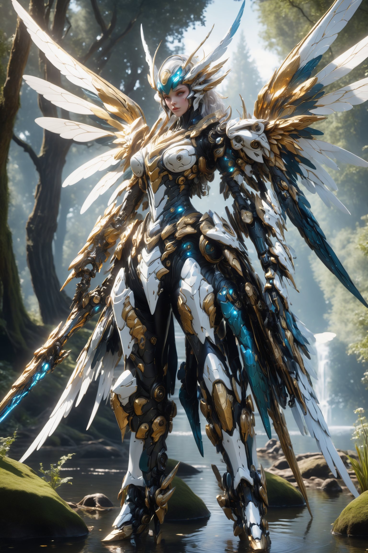 powerful fairy mecha character, above a magical forest pond, mecha fairy wings, anthropomorphic figure, wearing futuristic fairy armor and weapons, reflection mapping, realistic figure, hyperdetailed, medium breasts, cinematic lighting photography, full_body, head to toe shot, 8k uhd with a aqua staff, rgb lighting on armor and wings, 

