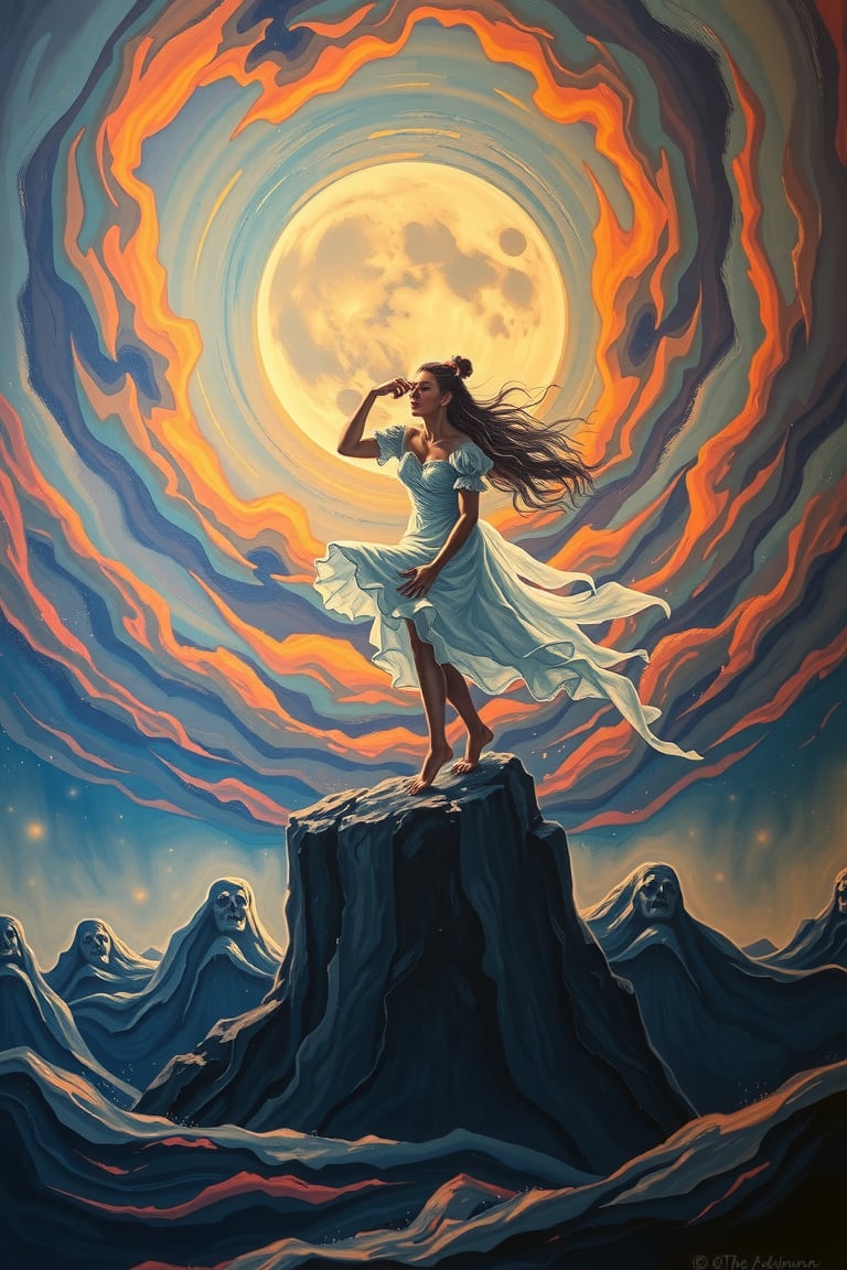 Perfect dynamic composition, Perfect Realism Photography, Portrait Photography, Realistic, hyper realistic, Cinematic Photography, panorama. | Painting "Mid-Autumn Festival, Chang'e Ascends to the Moon" in the style of Skrik (The Scream by Edvard Munch) | A swirling vortex of color and emotion. The serene image of Chang'e ascending toward the moon would be replaced by an ethereal, ghostly figure, her face twisted in an expression of both longing and existential fear. The moon, once a soft beacon of light, becomes a looming, distorted presence in the sky, glowing with an unsettling, almost ominous brightness. The surrounding clouds and night sky, instead of being calm, are now rendered in jagged, chaotic brushstrokes, their hues exaggerated into swirling oranges, reds, and purples, mirroring an inner turmoil. The landscape below, typically peaceful and harmonious in traditional depictions, undulates like a dreamscape, with distorted, ghostly silhouettes watching her ascent, emphasizing a sense of isolation and the fragility of the human condition in the face of the vast, uncaring universe. The entire scene vibrates with tension, as if the very fabric of reality is on the verge of unraveling.