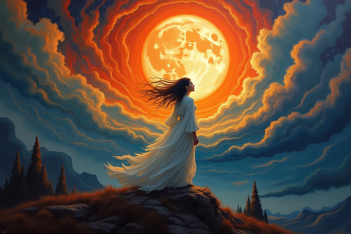 Perfect dynamic composition, Perfect Realism Photography, Portrait Photography, Realistic, hyper realistic, Cinematic Photography, panorama. | Painting "Mid-Autumn Festival, Chang'e Ascends to the Moon" in the style of Skrik (The Scream by Edvard Munch) | A swirling vortex of color and emotion. The serene image of Chang'e ascending toward the moon would be replaced by an ethereal, ghostly figure, her face twisted in an expression of both longing and existential fear. The moon, once a soft beacon of light, becomes a looming, distorted presence in the sky, glowing with an unsettling, almost ominous brightness. The surrounding clouds and night sky, instead of being calm, are now rendered in jagged, chaotic brushstrokes, their hues exaggerated into swirling oranges, reds, and purples, mirroring an inner turmoil. The landscape below, typically peaceful and harmonious in traditional depictions, undulates like a dreamscape, with distorted, ghostly silhouettes watching her ascent, emphasizing a sense of isolation and the fragility of the human condition in the face of the vast, uncaring universe. The entire scene vibrates with tension, as if the very fabric of reality is on the verge of unraveling.