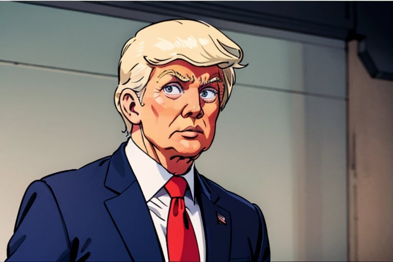 donald trump, one person, upper body, red tie, Look at the front, background American flag