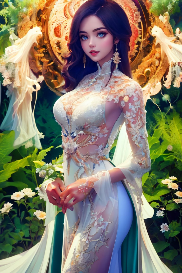 The image depicts a beauty vietnamese girl in white ao dai with her beauty lovely face smiling, standing outdoors amidst ethereal lighting. She is wearing a long, white ao dai with intricate designs on the sleeves.  She is standing in an outdoor setting that appears to be a garden or forest, with trees and rocks visible in the background. Ethereal beams of light filter through the trees, casting an otherworldly glow on the scene. There's a mystical or serene atmosphere created by the combination of natural elements and lighting.,Ao Dai,ao dai,dress,woman,Young beauty spirit ,Vietnamese,CarylAniV1