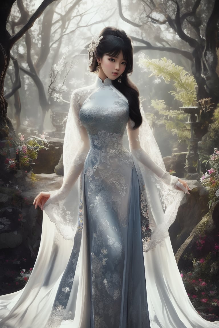 The image depicts a beauty vietnamese girl in white ao dai with her beauty lovely face smiling, standing outdoors amidst ethereal lighting. She is wearing a long, white ao dai with intricate designs on the sleeves.  She is standing in an outdoor setting that appears to be a garden or forest, with trees and rocks visible in the background. Ethereal beams of light filter through the trees, casting an otherworldly glow on the scene. There's a mystical or serene atmosphere created by the combination of natural elements and lighting.,Ao Dai,ao dai,dress,woman,Young beauty spirit ,Vietnamese,Jun_v1, gigantic breasts